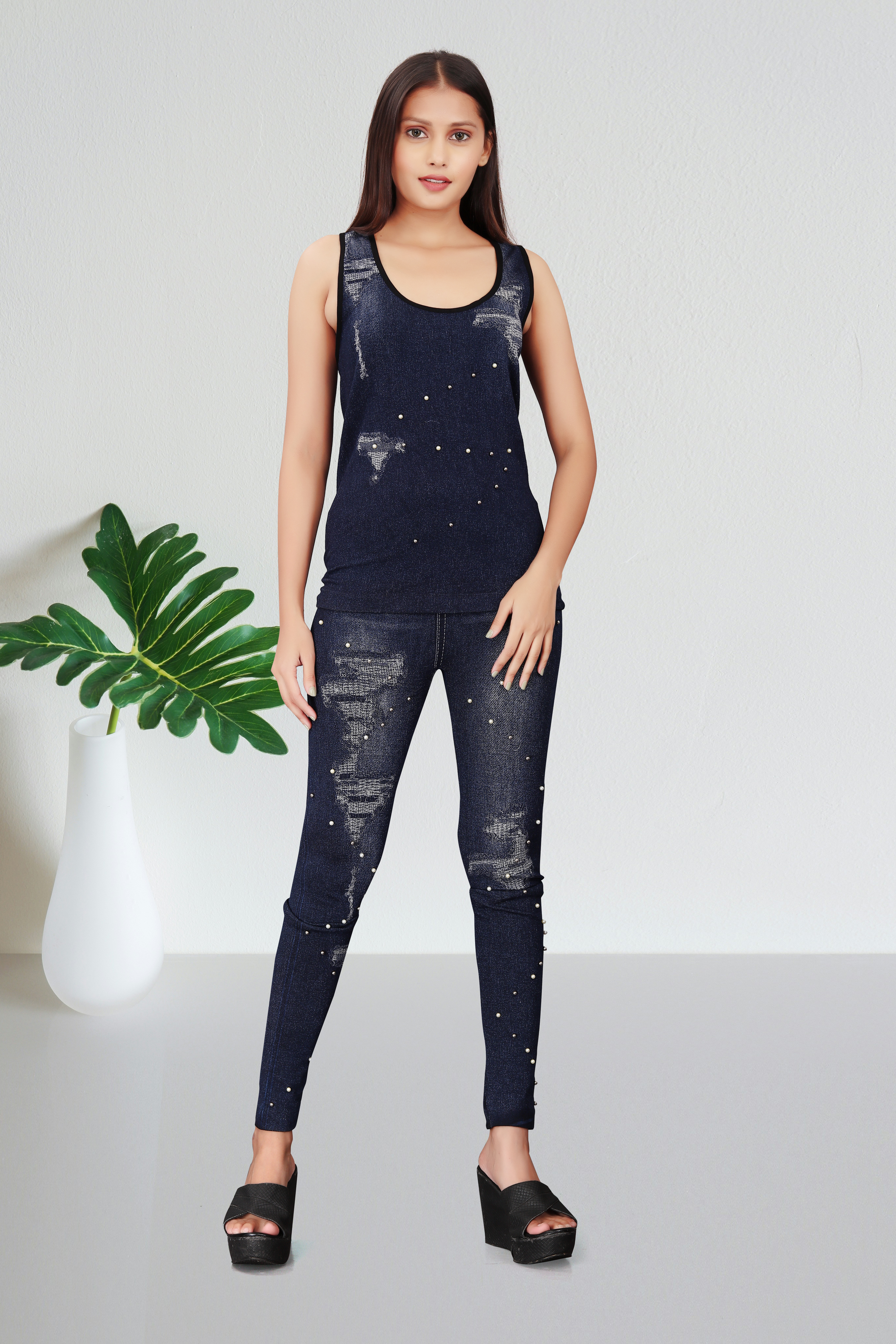 Women’s Dark Blue Pearl Embellished Denim Co-Ord Set – Stylish Tank Top & Skinny Jeans