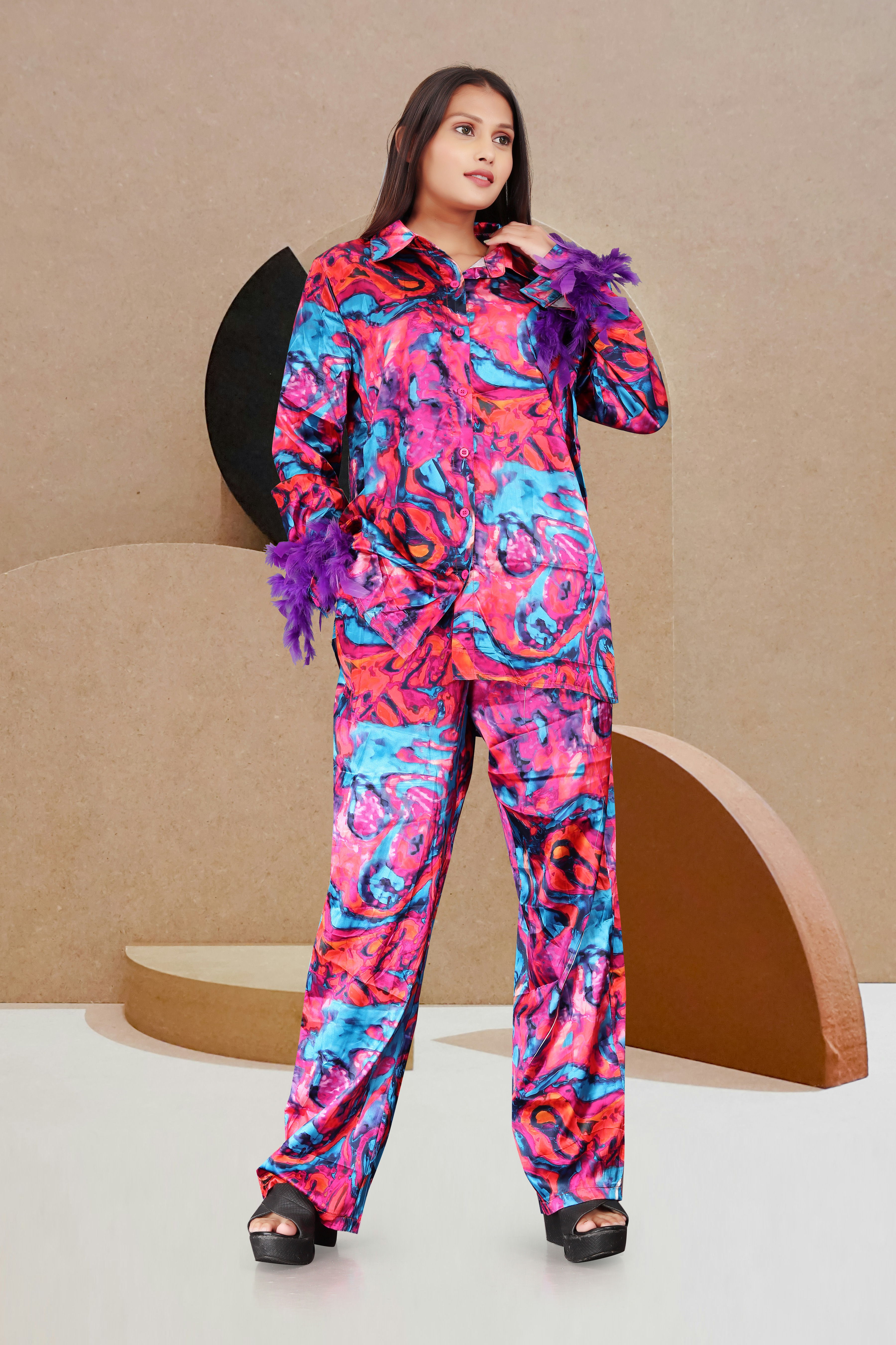 Women’s Multicolor Abstract Printed Satin Co-Ord Set with Feather Cuffs