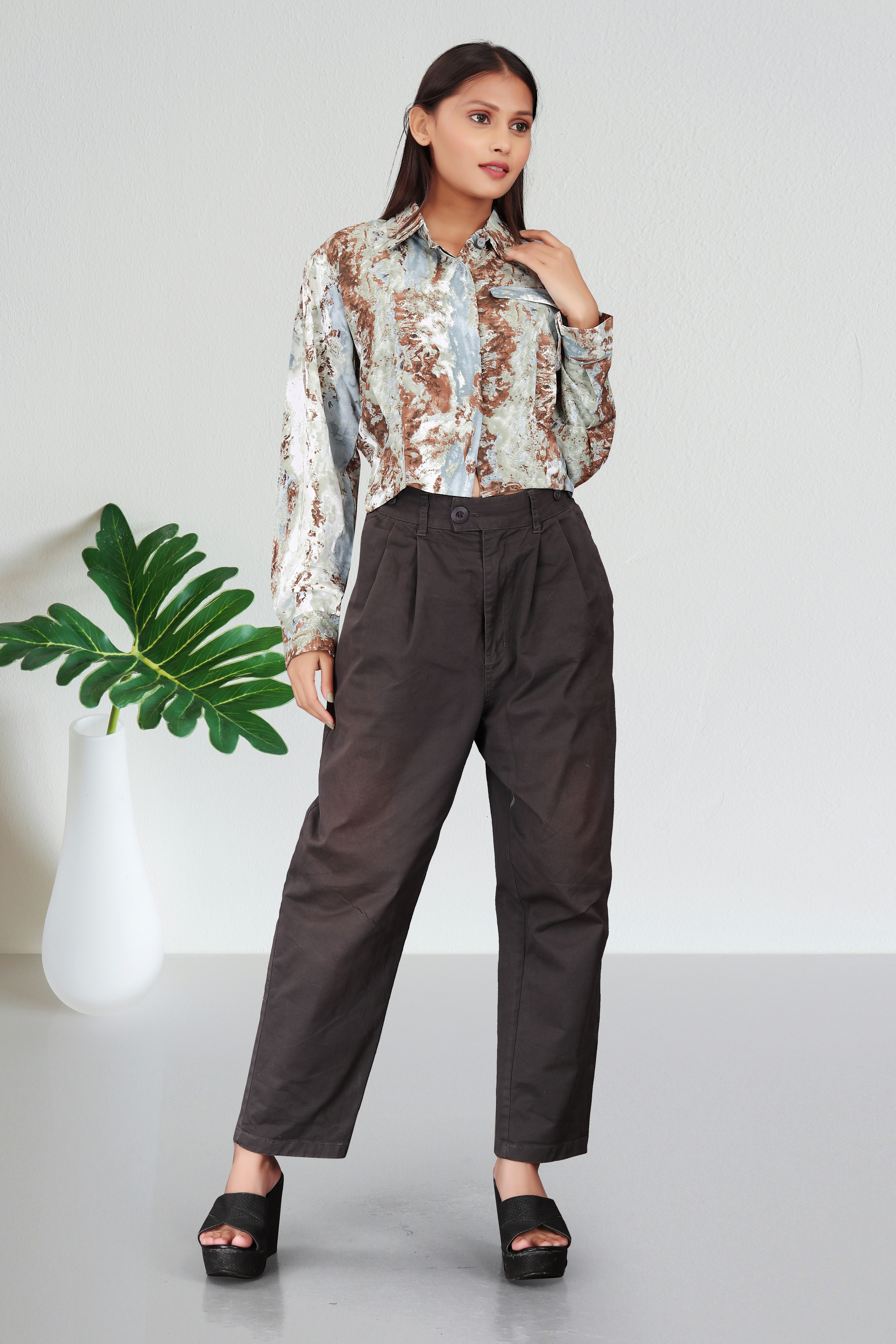 Women’s Abstract Printed Satin Shirt with Black Pants | Elegant Casual & Party Wear Outfit