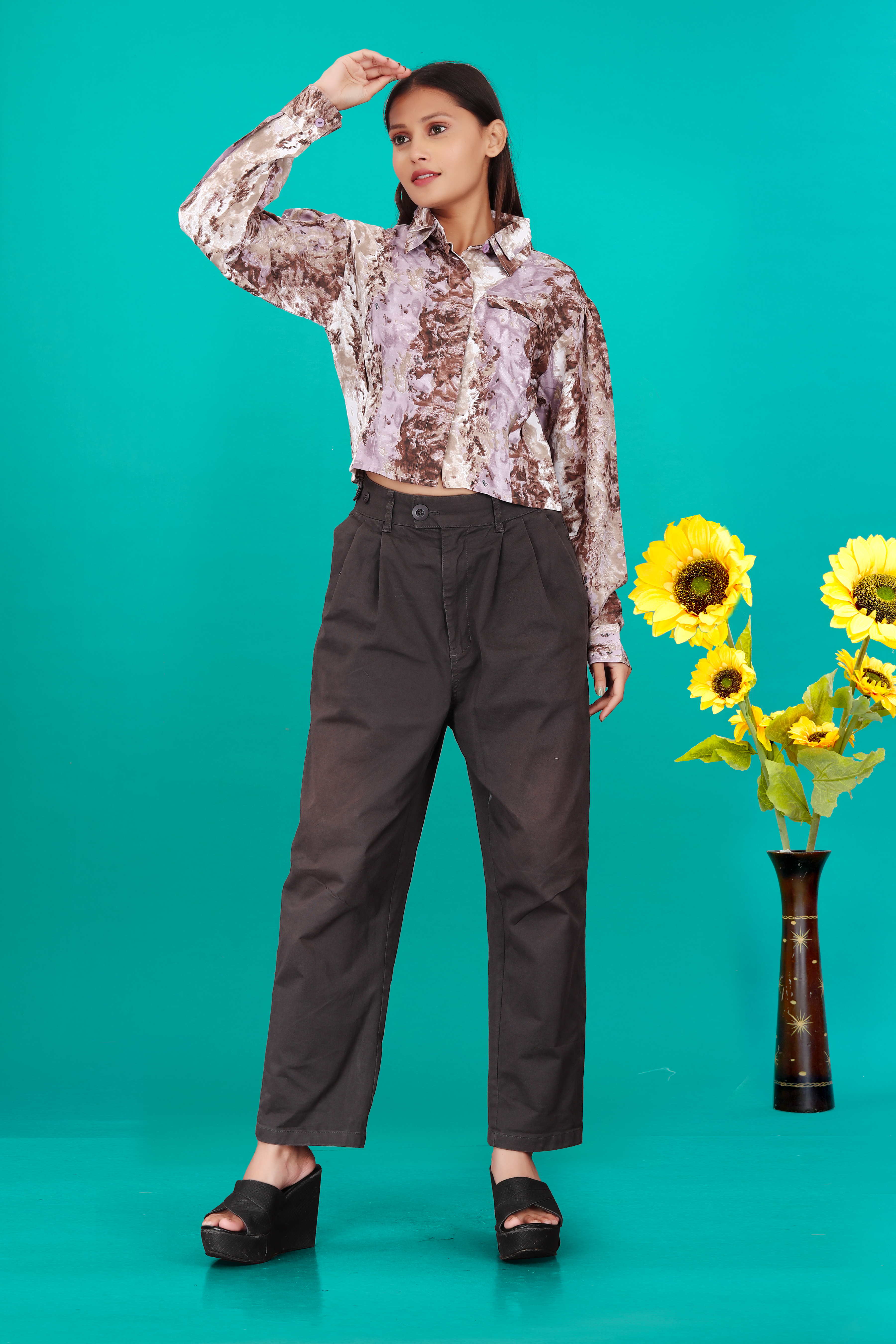 Women’s Shiny Abstract Satin Shirt with Black Pants | Stylish Casual & Party Wear Outfit