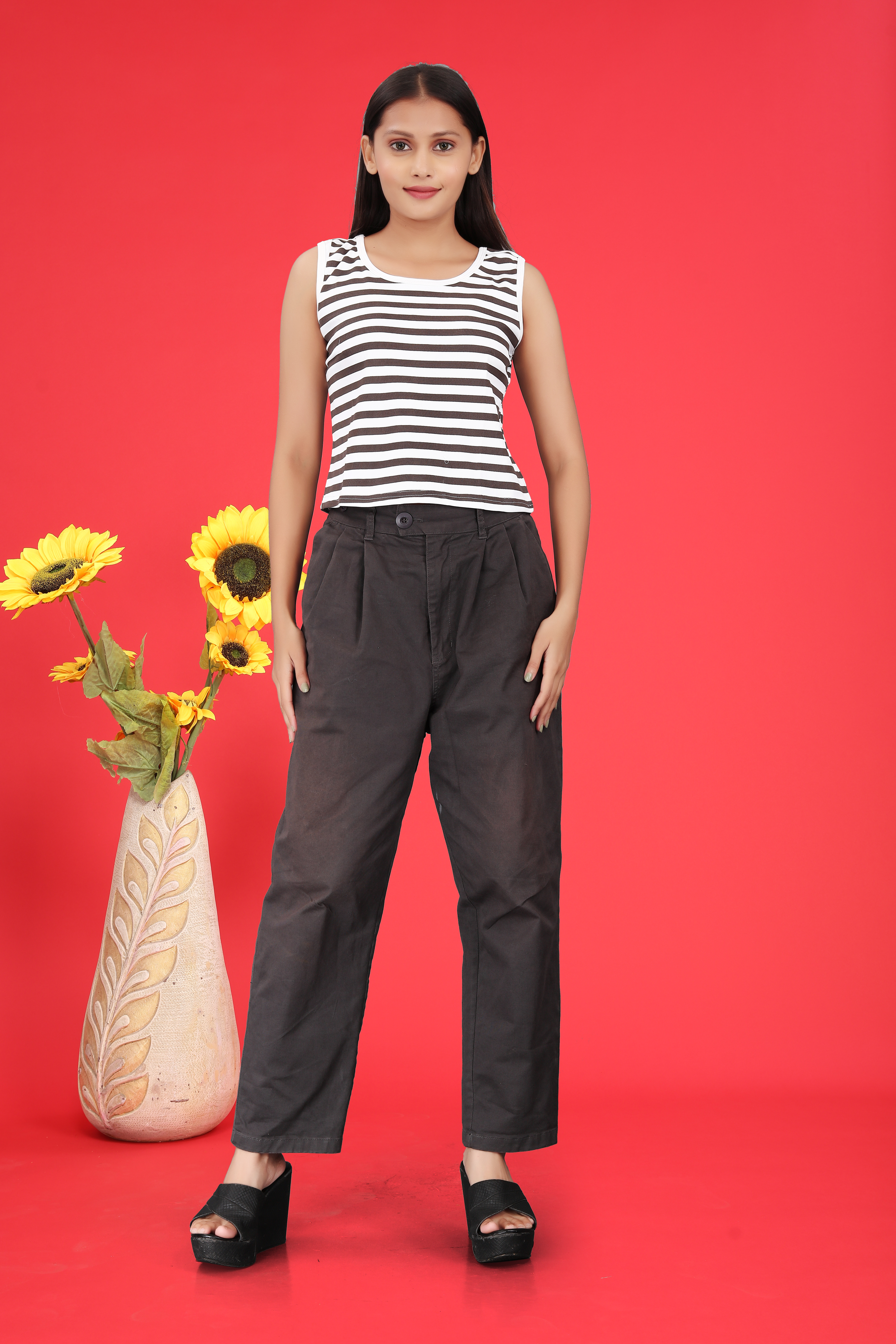 Women’s Black & White Striped Sleeveless Top with Black Pants | Casual Summer Outfit