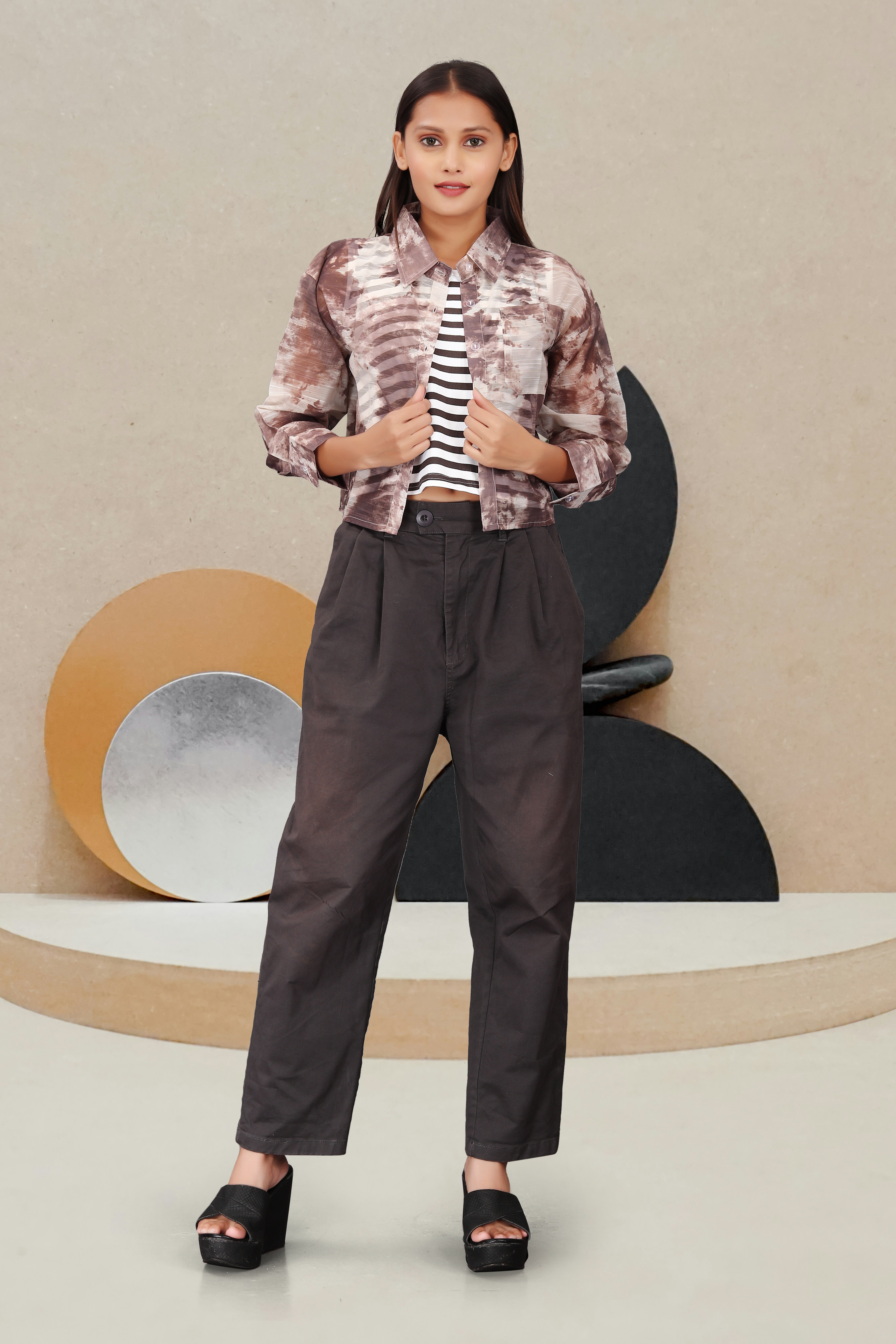 Women’s Striped Crop Top with Printed Jacket & Black Pants | Trendy Casual Outfit