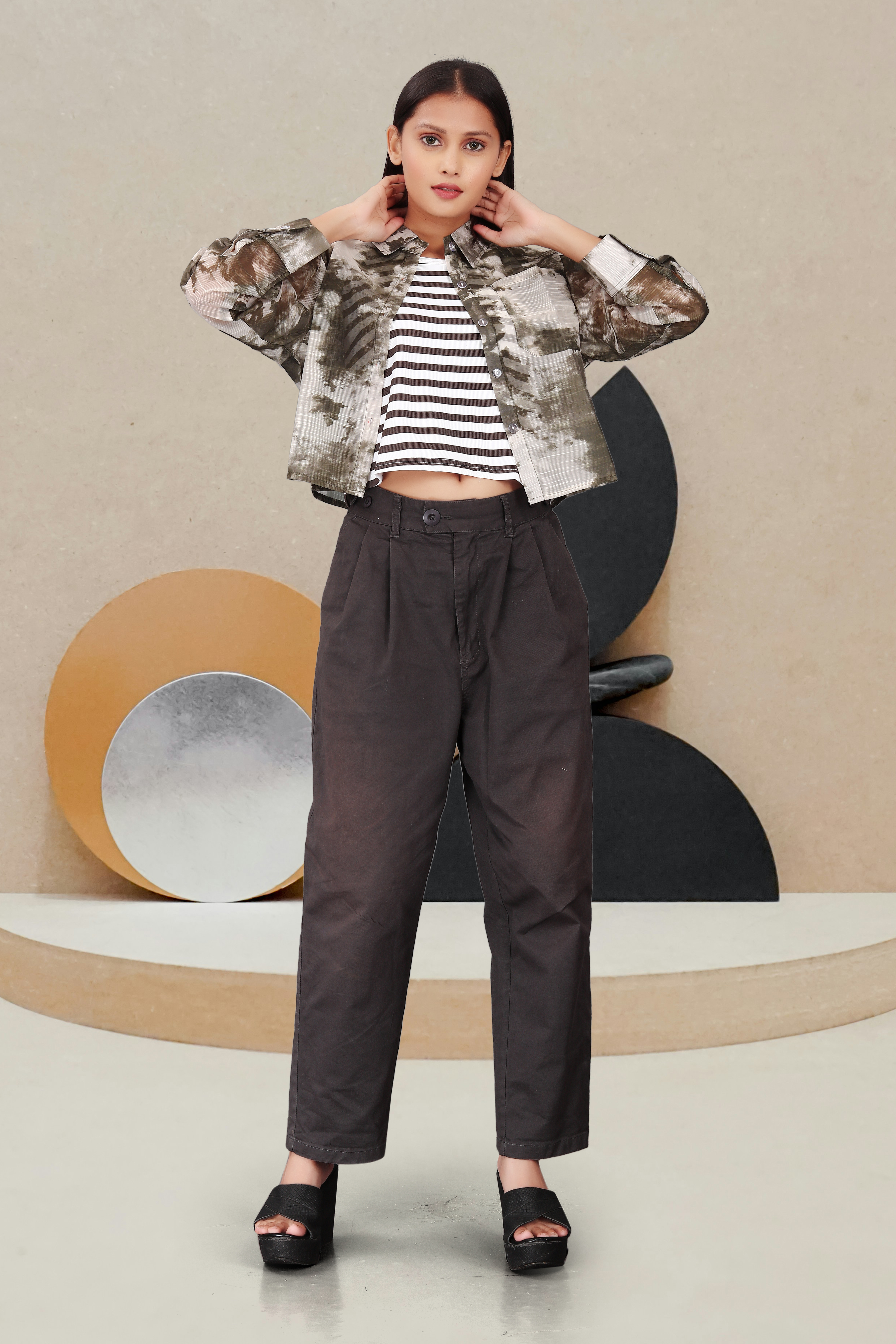 Women’s Striped Crop Top with Camouflage Printed Jacket & Black Pants | Casual Chic Co-ord Set