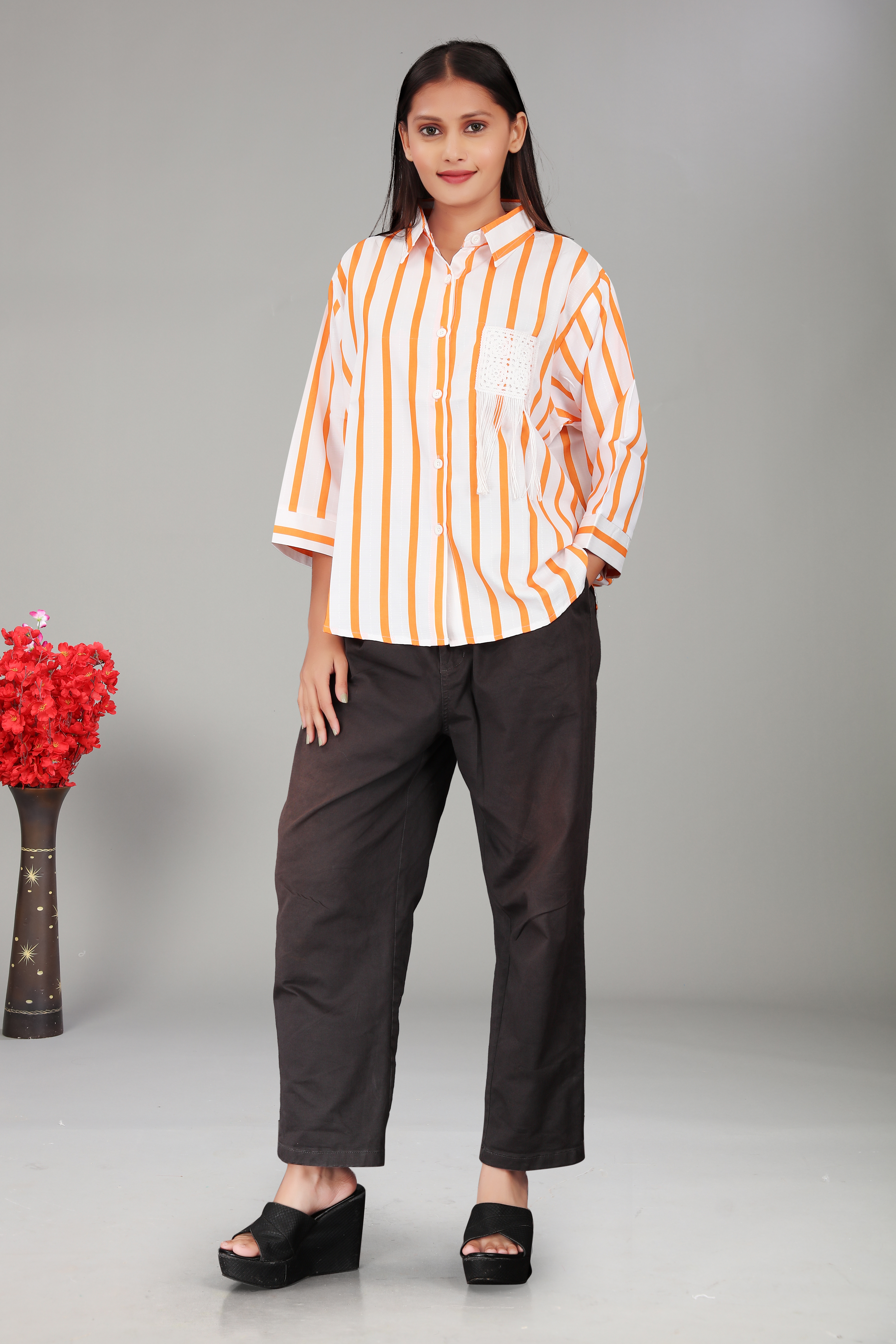 Women’s Orange Striped Button-Down Shirt with Pocket Detail | Casual Chic Top