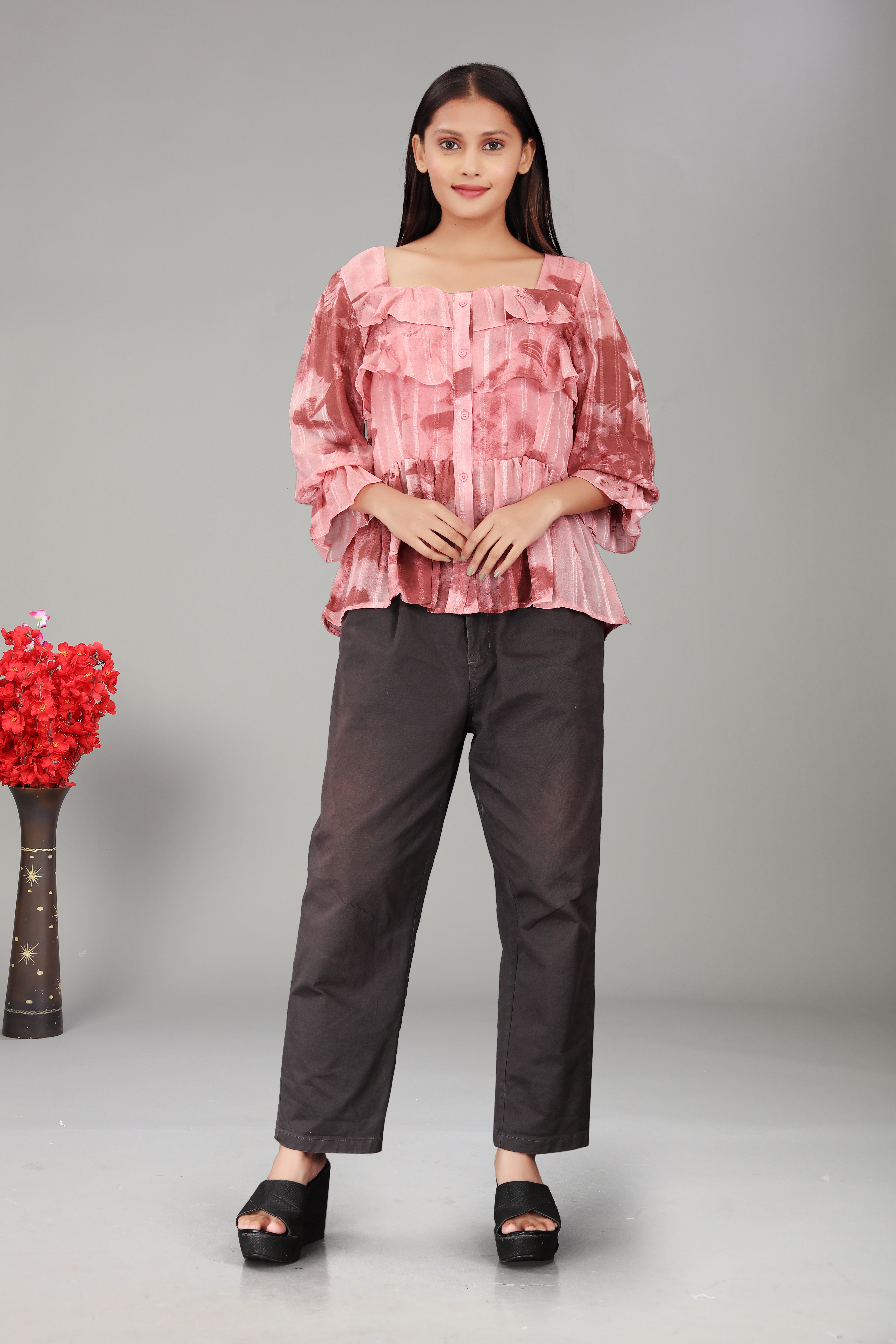 Women’s Pink Ruffle Front Peplum Top | Elegant Casual Blouse