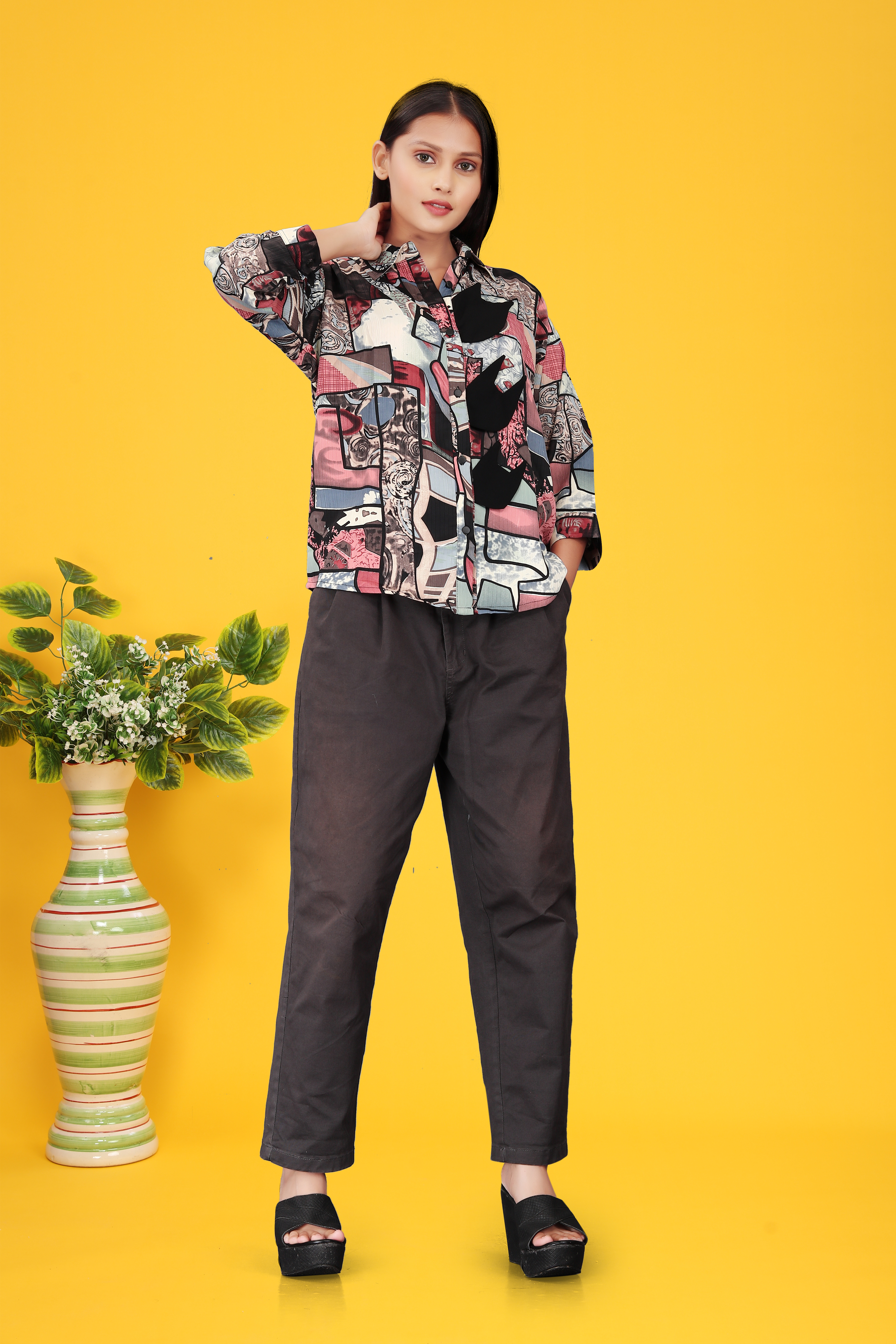Women’s Multicolor Abstract Print Button-Down Shirt | Casual Oversized Blouse