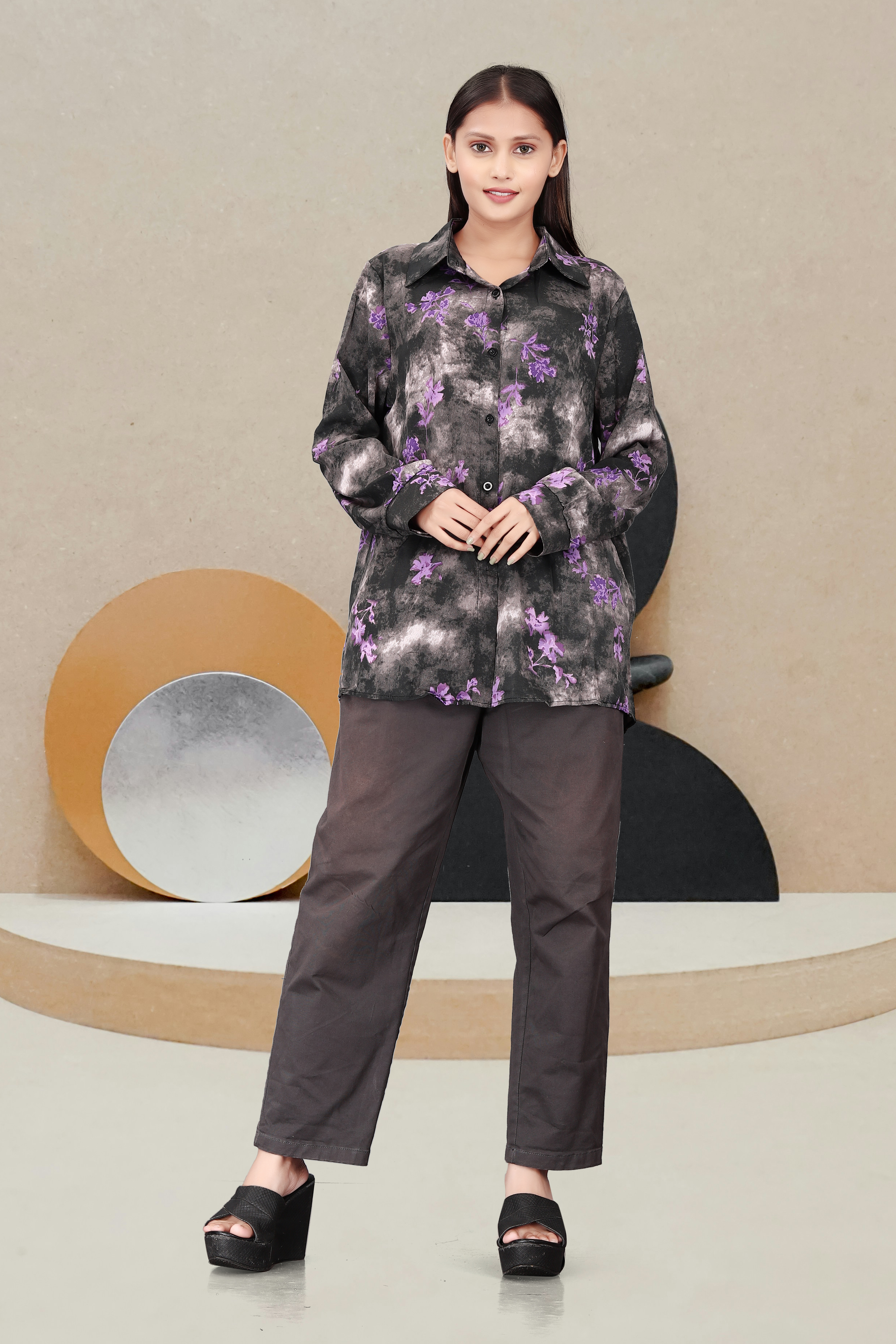 Women’s Black & Purple Floral Print Shirt | Long Sleeve Casual Button-Down Top