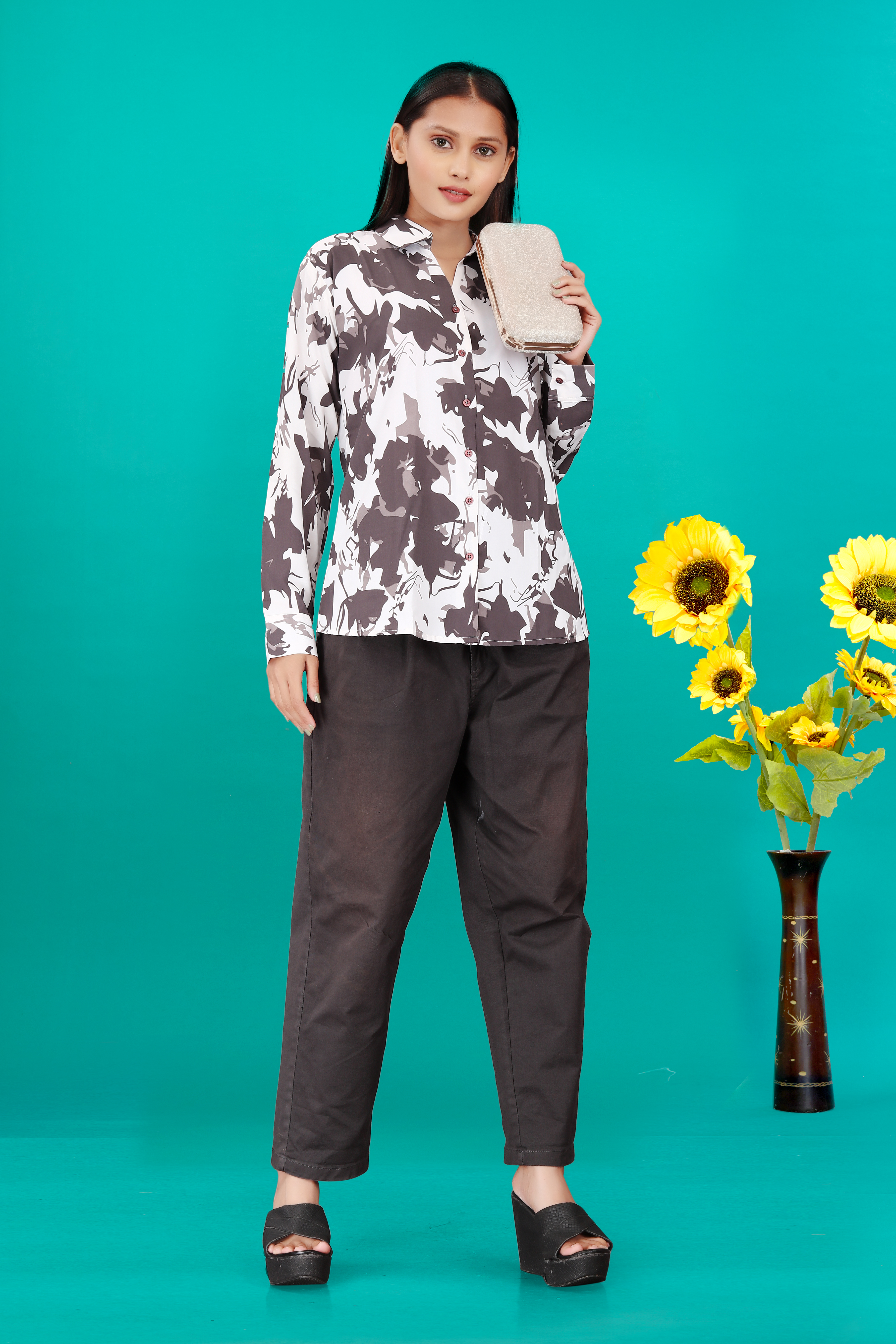 Women’s Monochrome Abstract Print Shirt | Long Sleeve Casual Button-Down Top