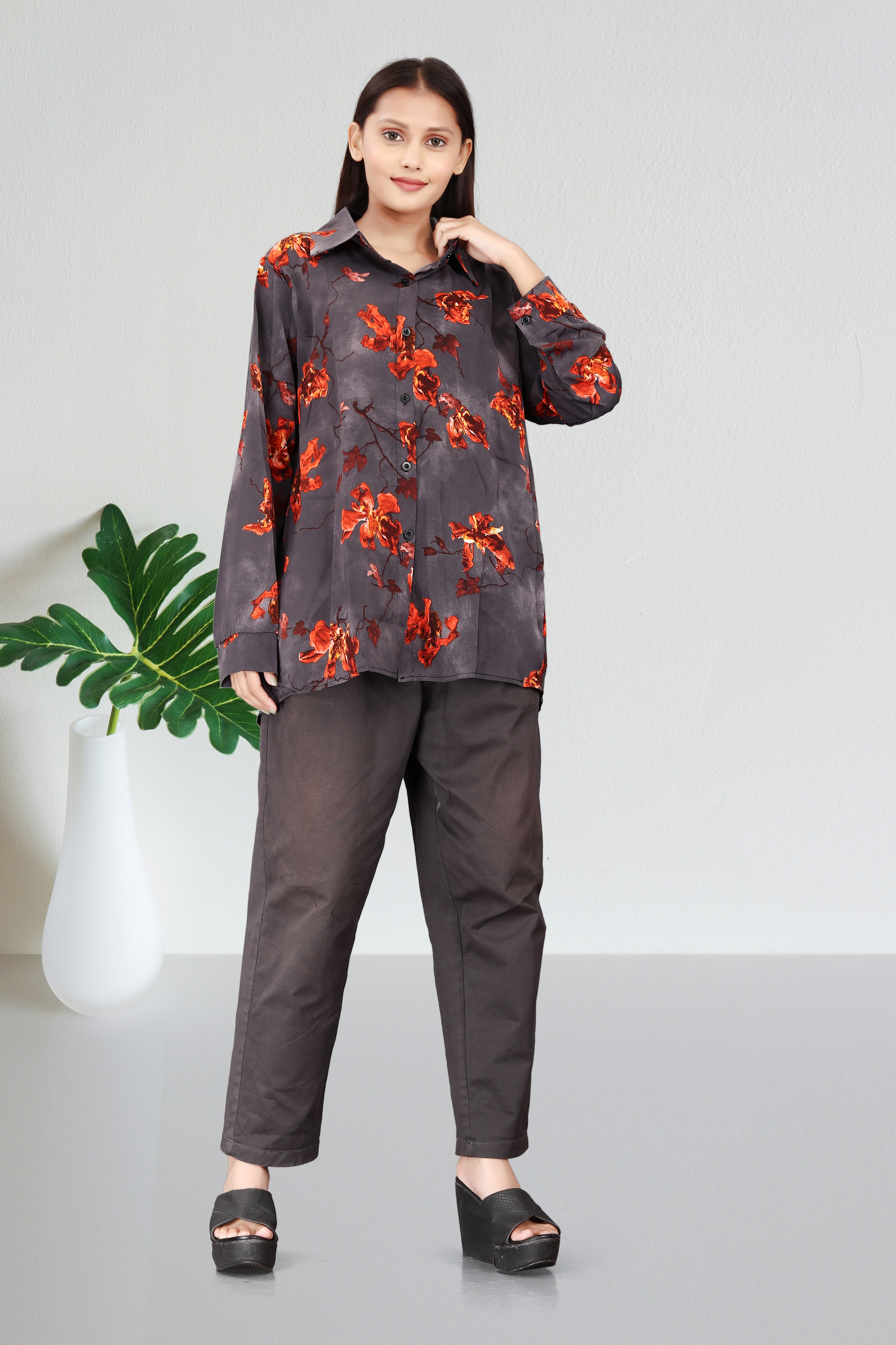 Women’s Charcoal Grey Shirt with Red Floral Print | Long Sleeve Casual Button-Down Top