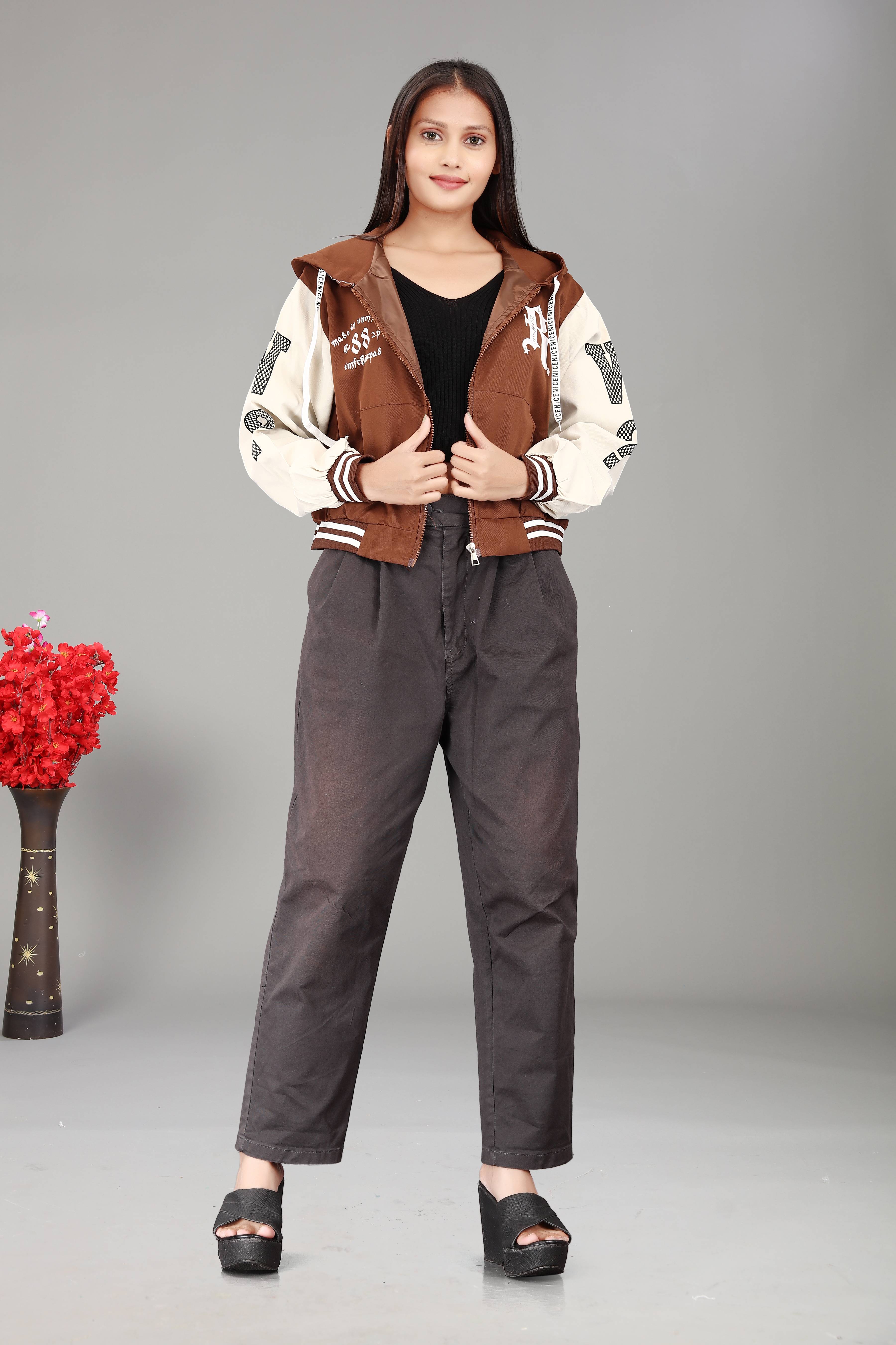 Women’s Brown & Beige Varsity Bomber Jacket with Hoodie | Casual Streetwear