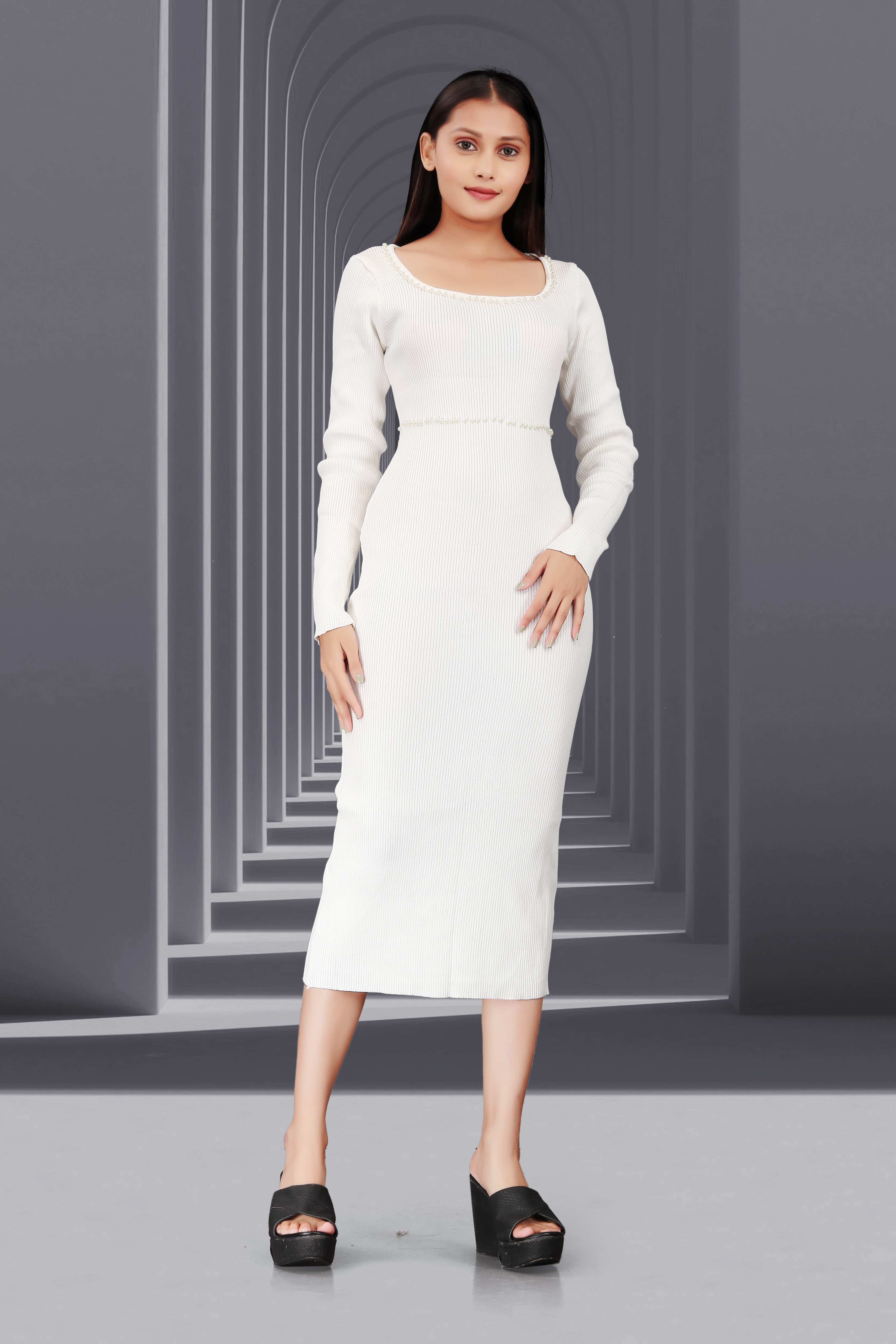 Elegant White Bodycon Midi Dress with Long Sleeves | Women’s Evening & Party Wear