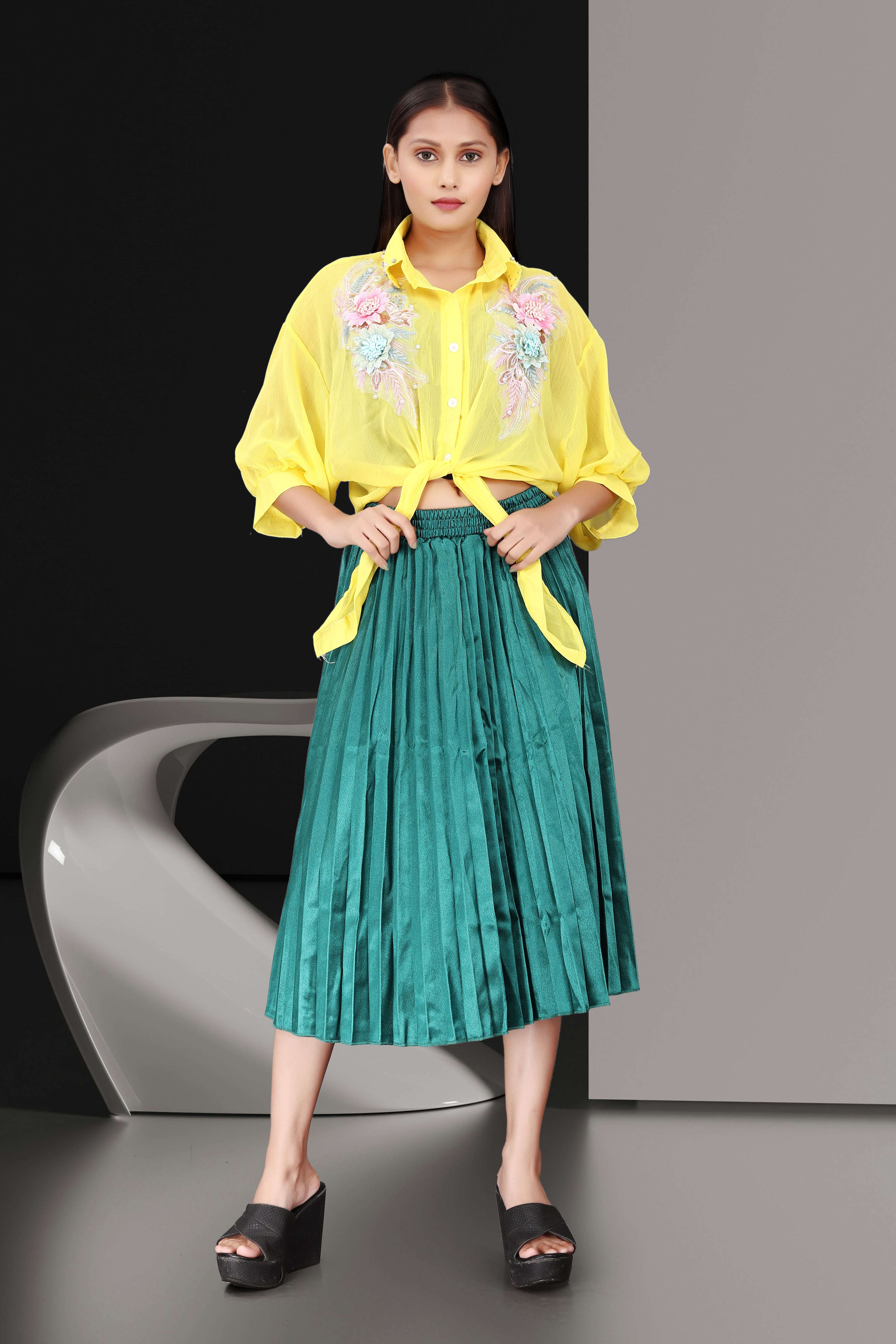 Women’s Yellow Floral Embroidered Sheer Shirt with Teal Green Pleated Skirt | Trendy Co-Ord Set