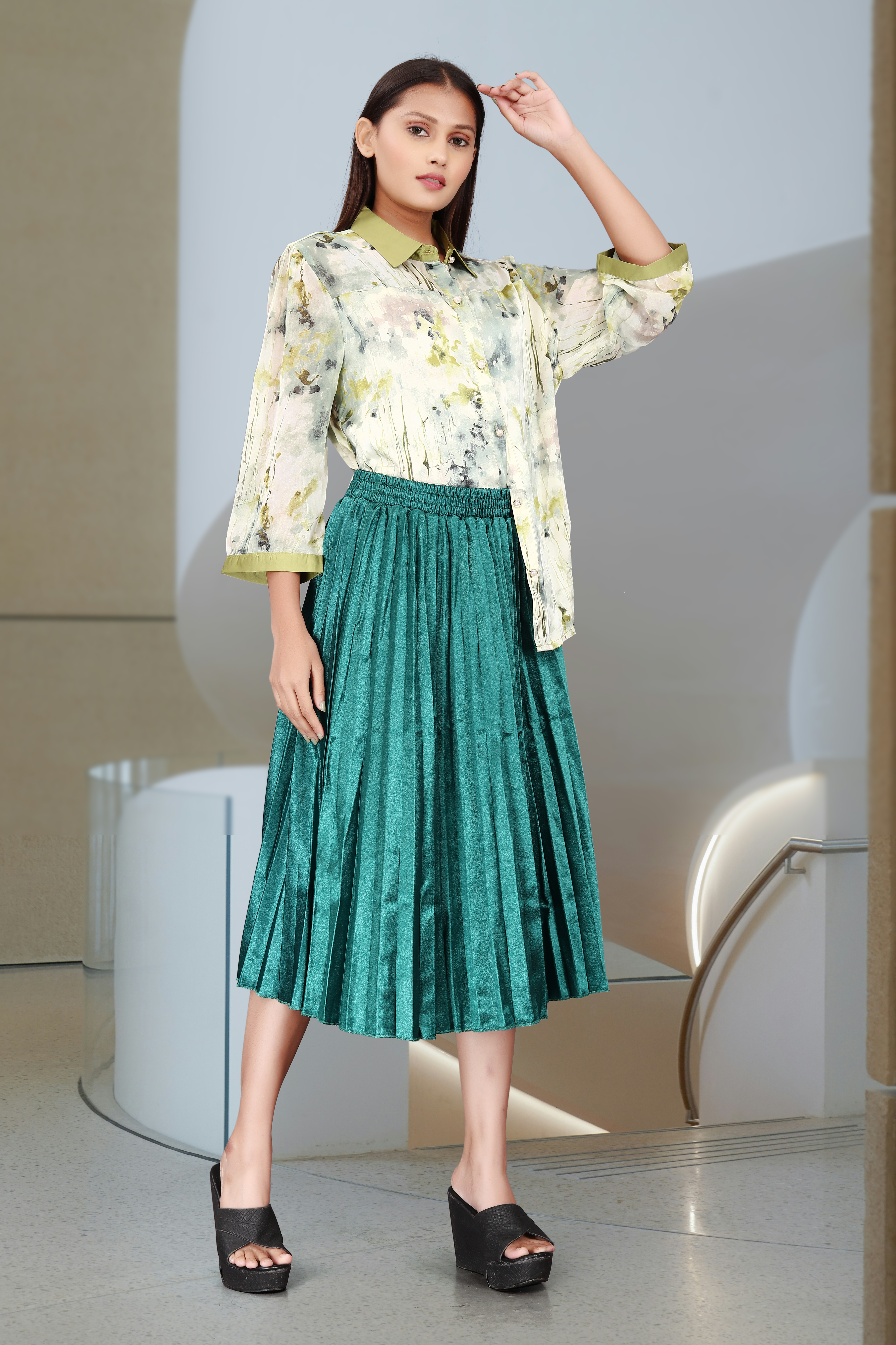 Women’s Abstract Print Shirt with Teal Green Pleated Skirt | Elegant Co-Ord Set