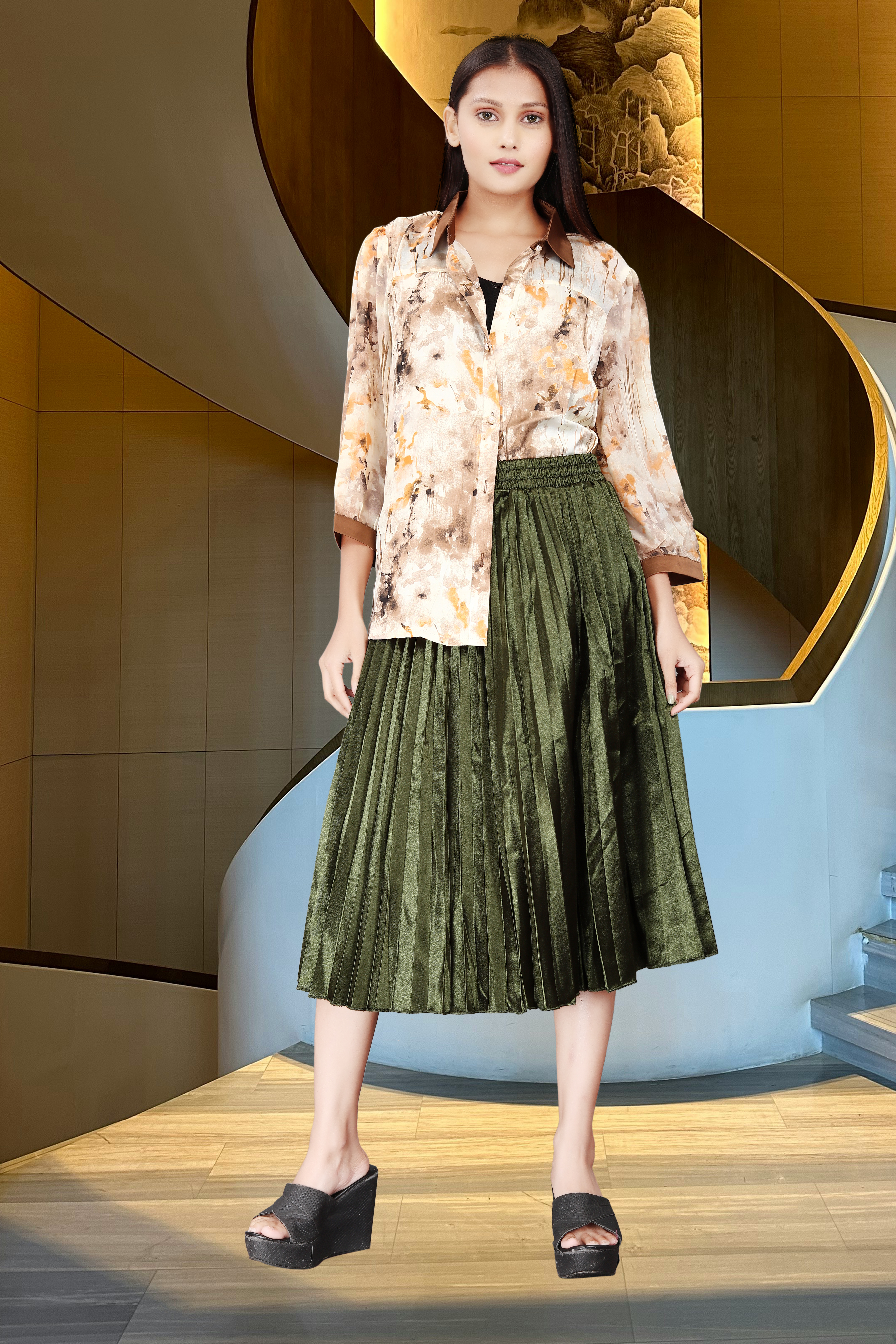 Women’s Abstract Print Shirt with Olive Green Pleated Midi Skirt | Elegant Co-Ord Set