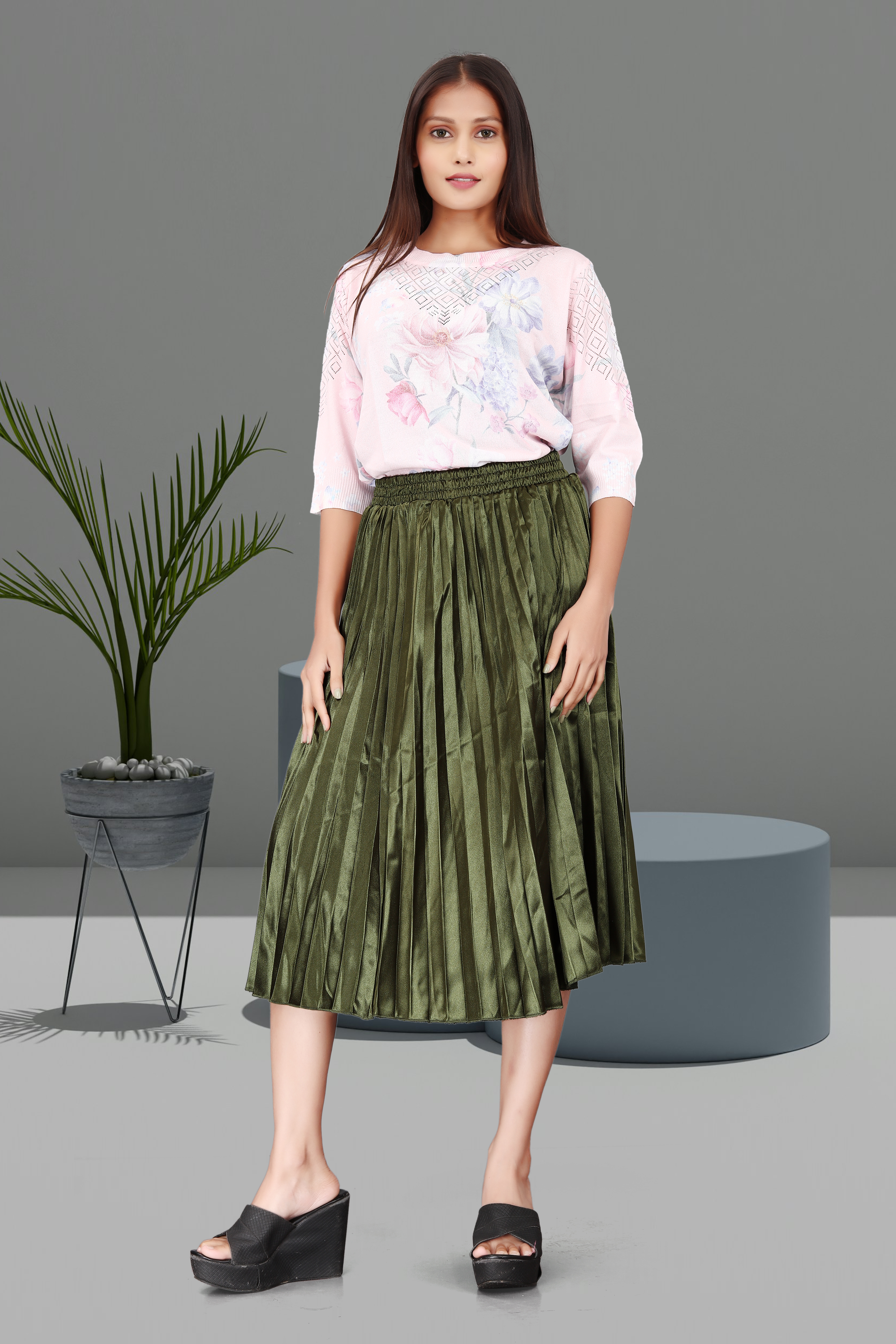 Women’s Pastel Pink Floral Top with Olive Green Pleated Skirt | Elegant Casual Co-Ord Set