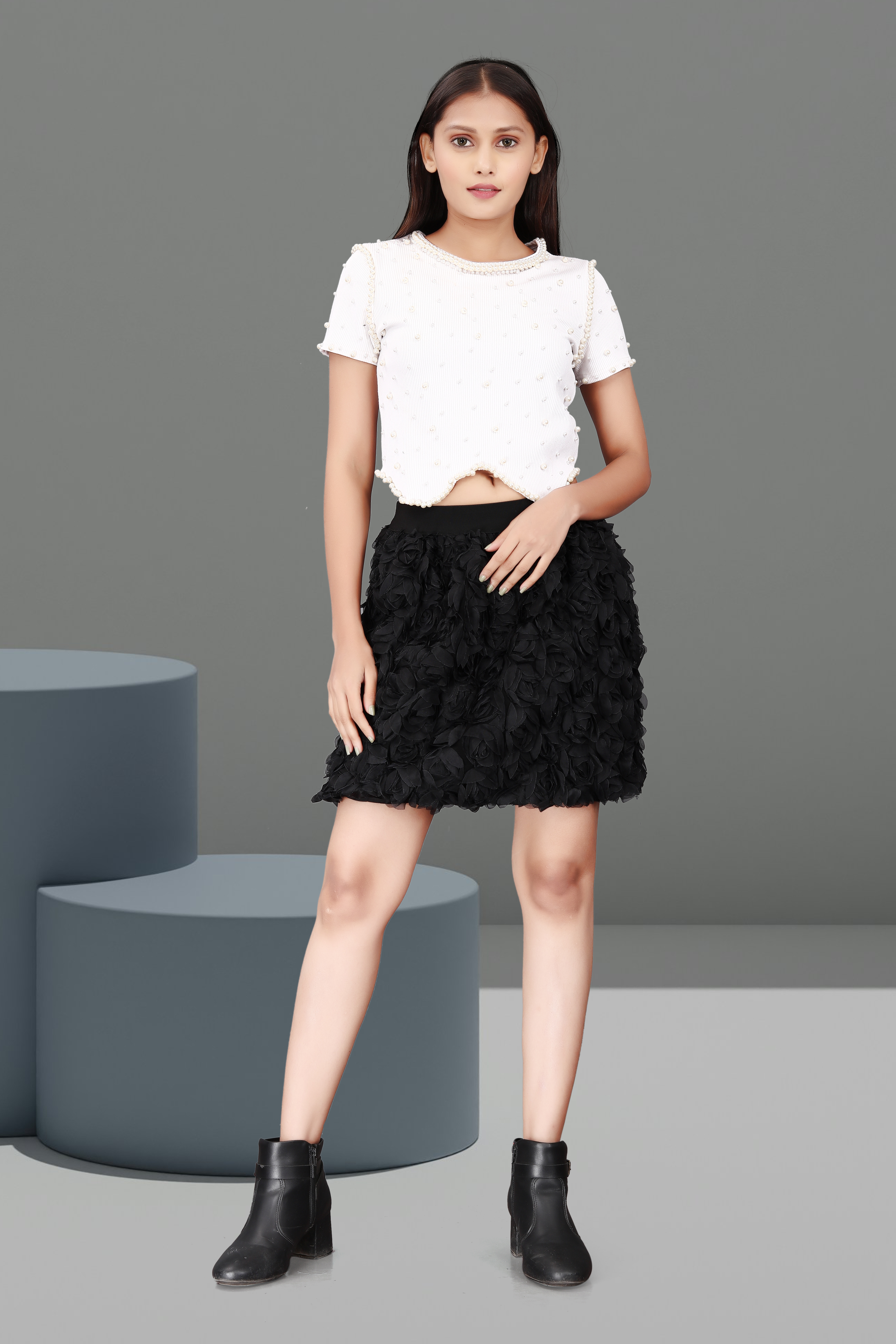 Women’s White Pearl Embellished Top with Black 3D Floral Skirt | Elegant Party Co-Ord Set