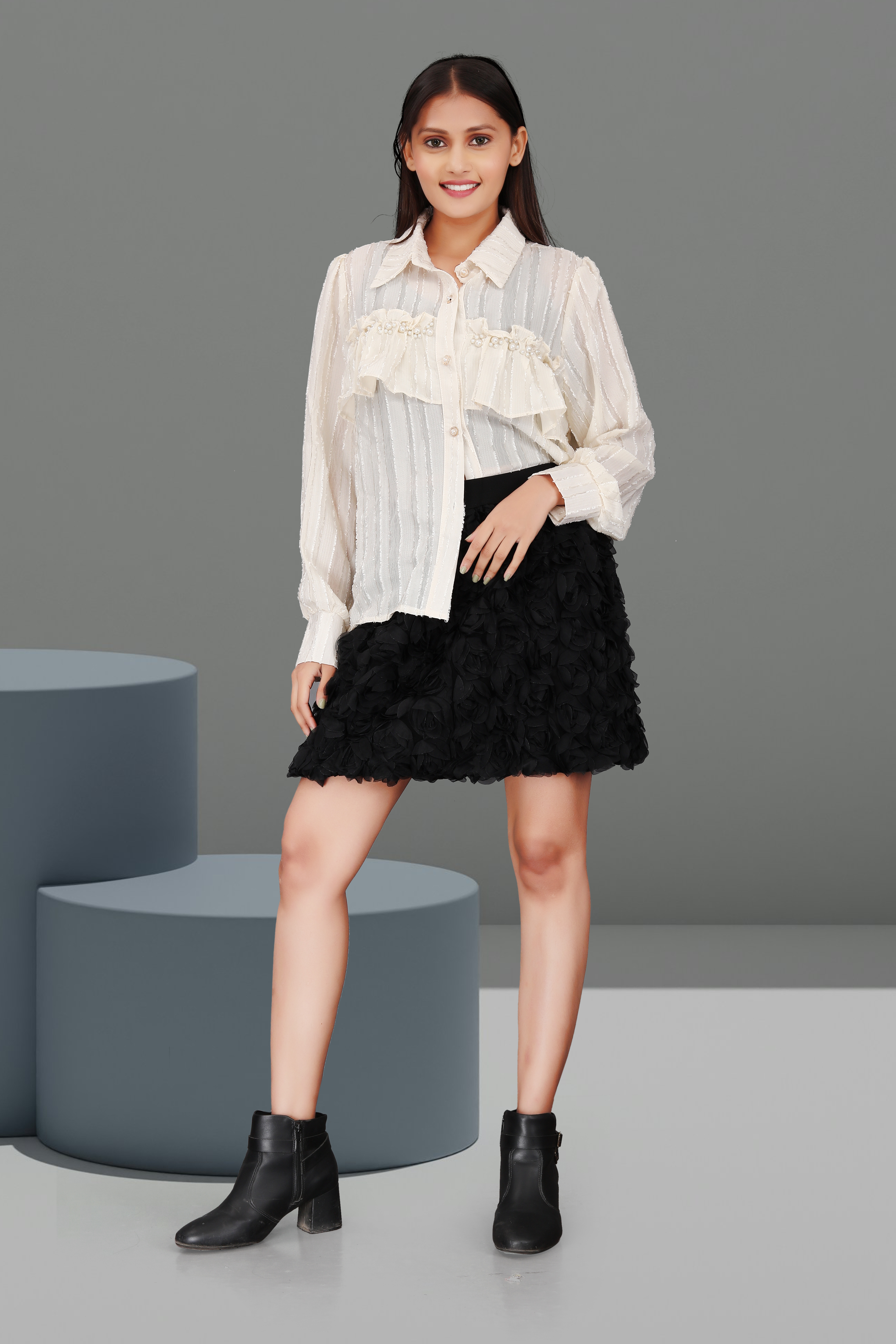 Women’s Sheer Striped White Shirt with Black 3D Floral Skirt | Chic Party & Casual Co-Ord Set