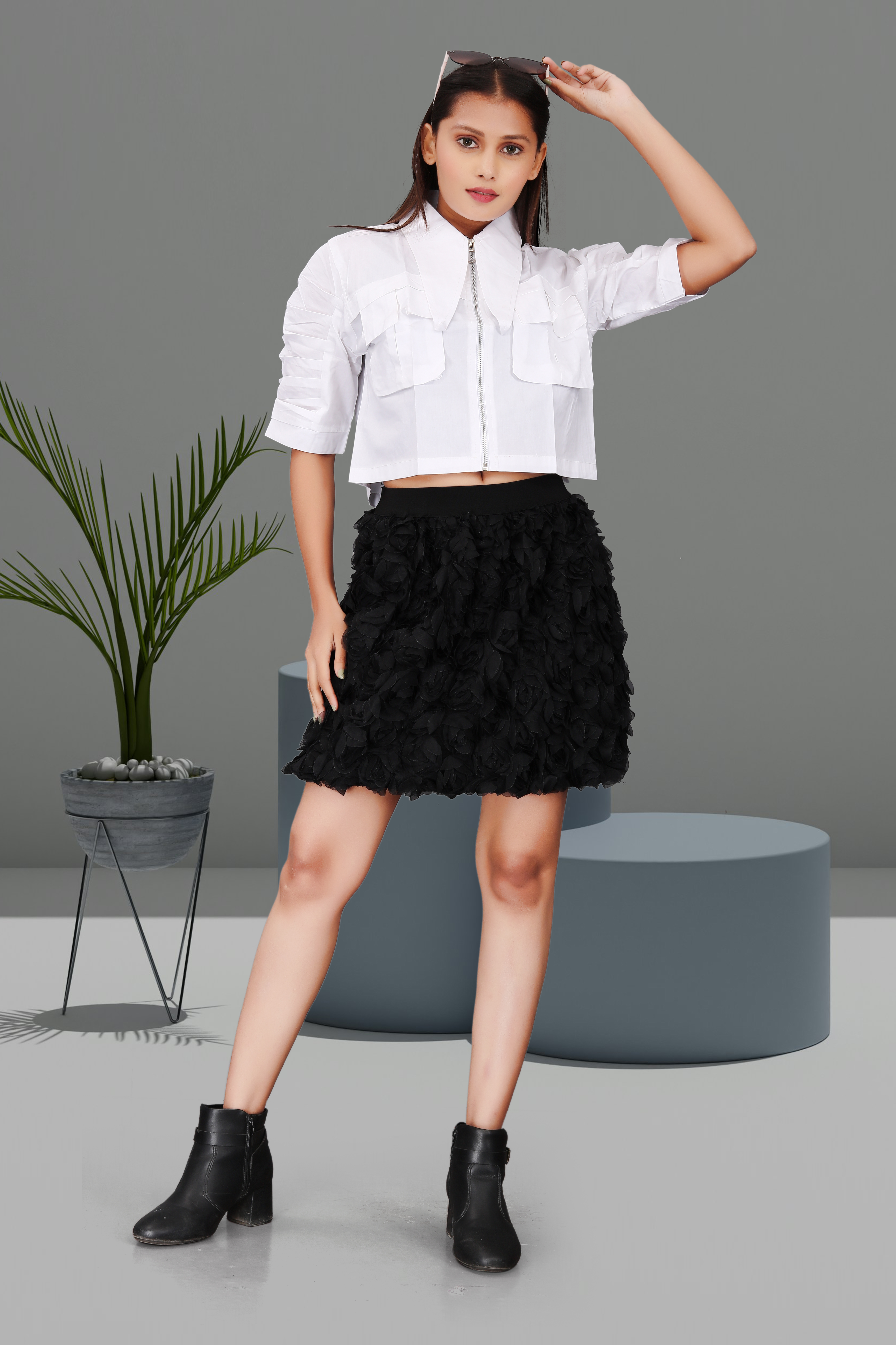 Women’s White Cropped Zipper Shirt with Black 3D Floral Skirt | Trendy Party & Casual Co-Ord Set