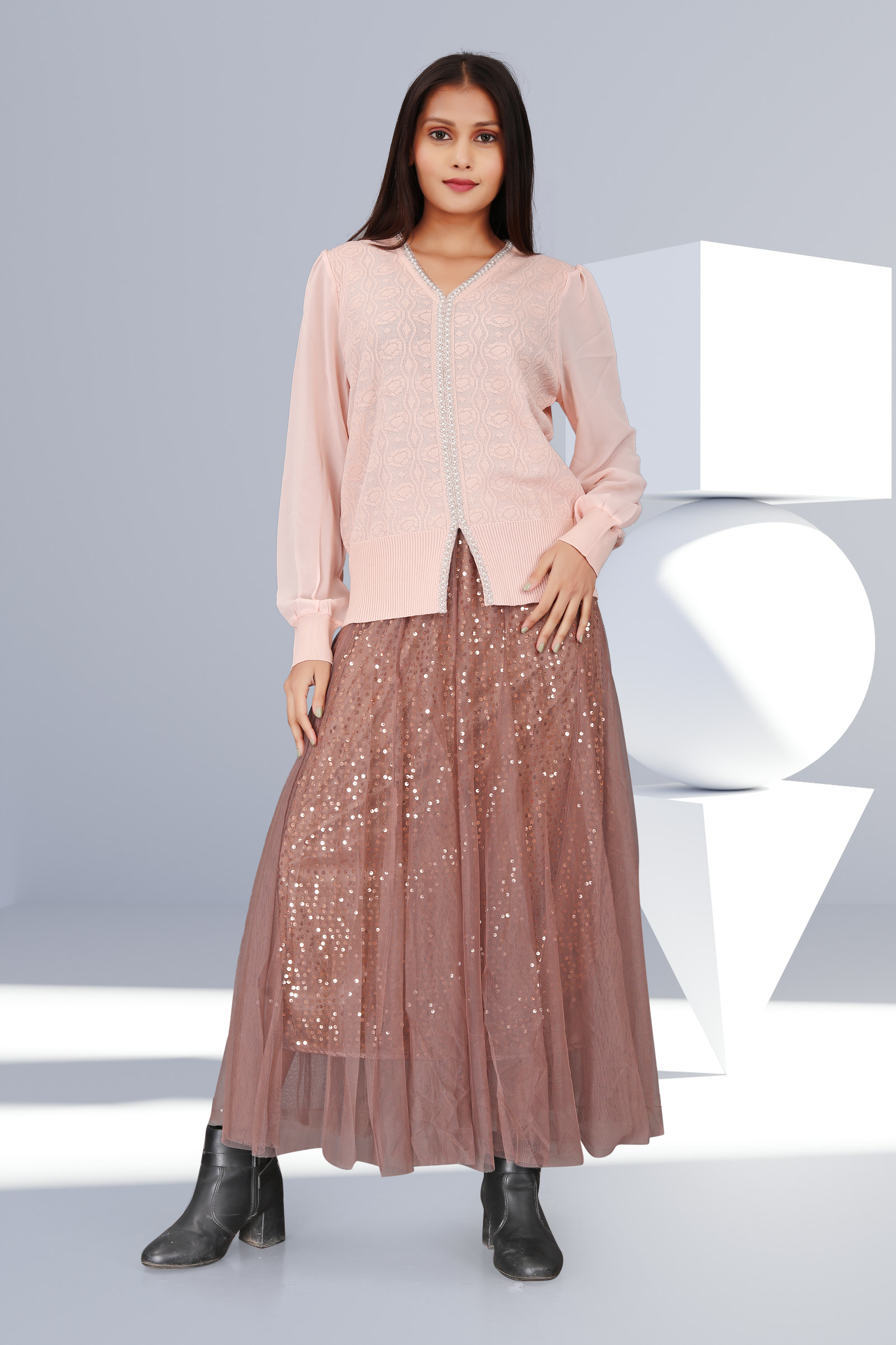 Women’s Peach Embroidered Top with Brown Sequin Maxi Skirt | Elegant Festive & Party Wear