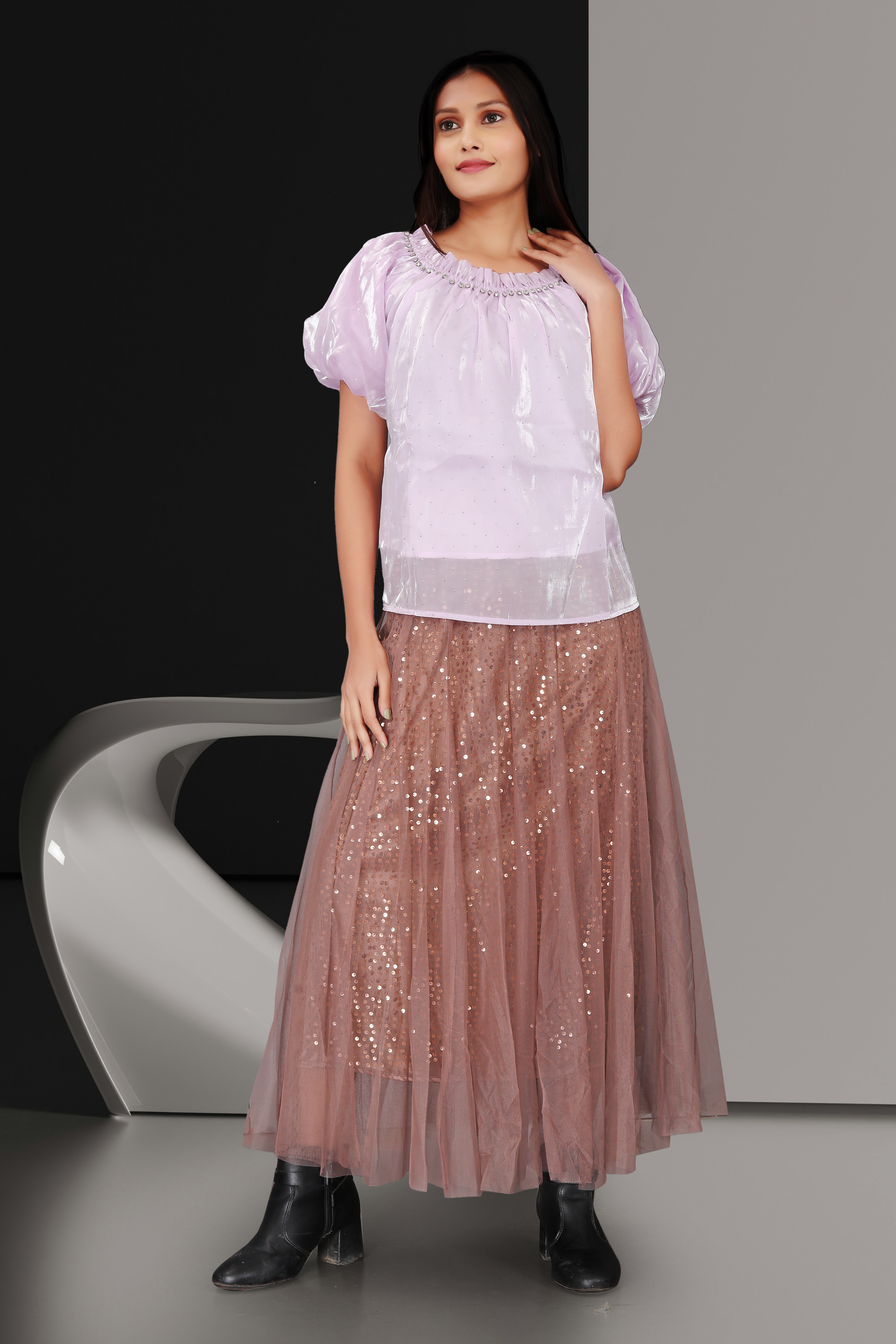 Women’s Lavender Shimmer Top with Brown Sequin Maxi Skirt | Party & Festive Co-ord Set