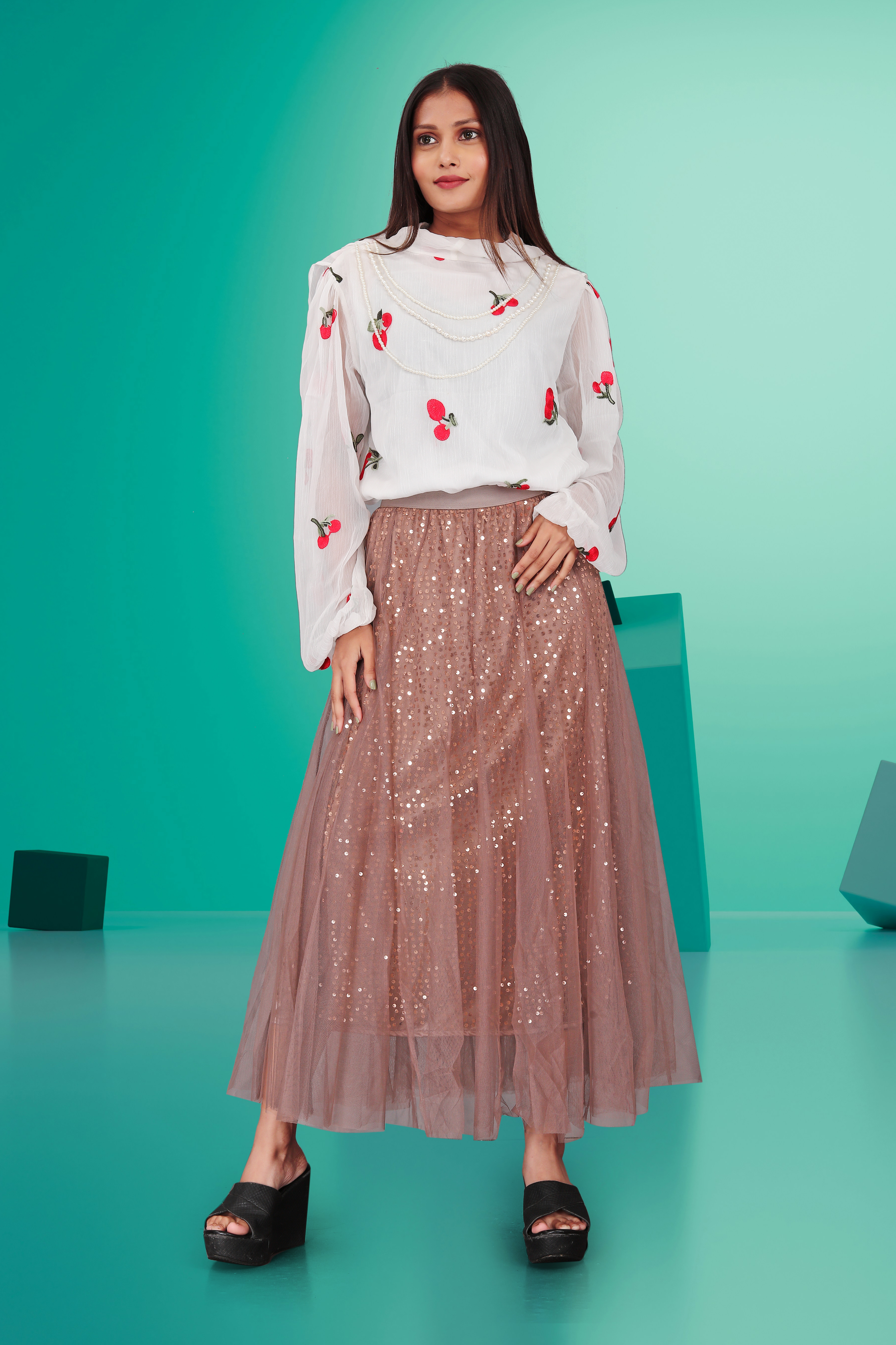 White Embroidered Sheer Top with Brown Sequin Maxi Skirt | Elegant Party & Festive Outfit