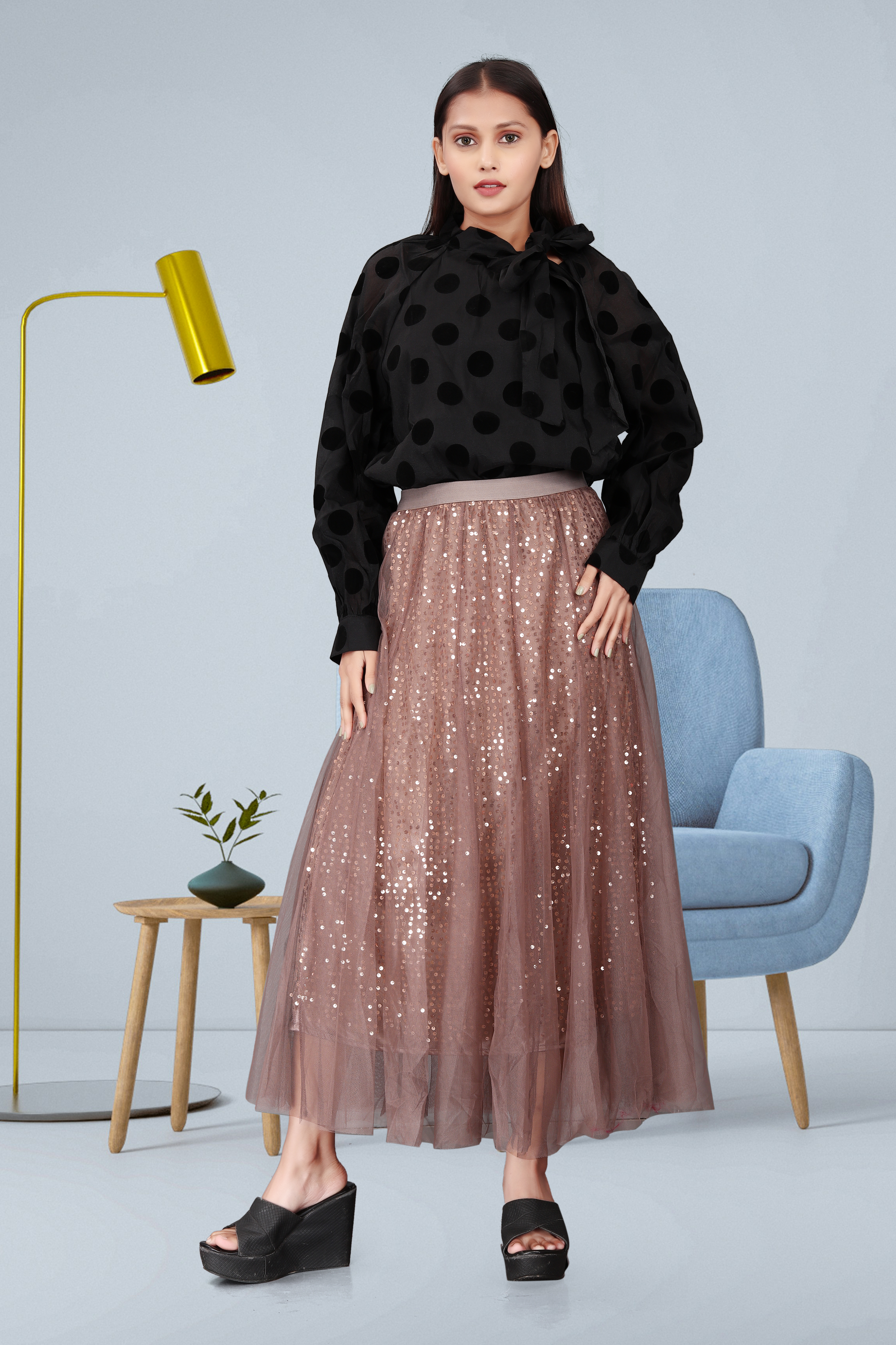 Black Polka Dot Sheer Top with Brown Sequin Maxi Skirt | Elegant Evening & Party Outfit