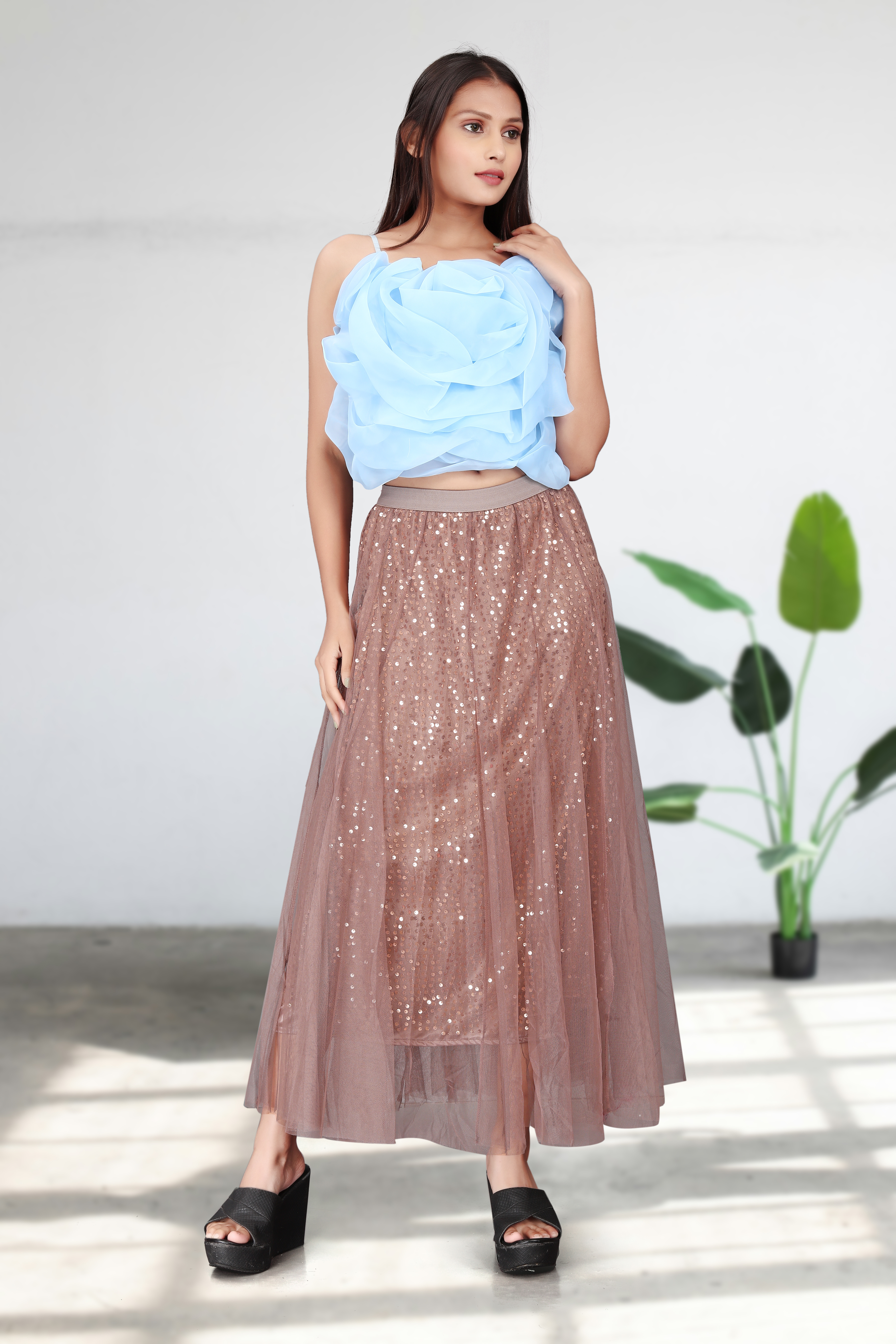 Blue 3D Floral Crop Top with Brown Sequin Maxi Skirt | Designer Party & Evening Wear for Women
