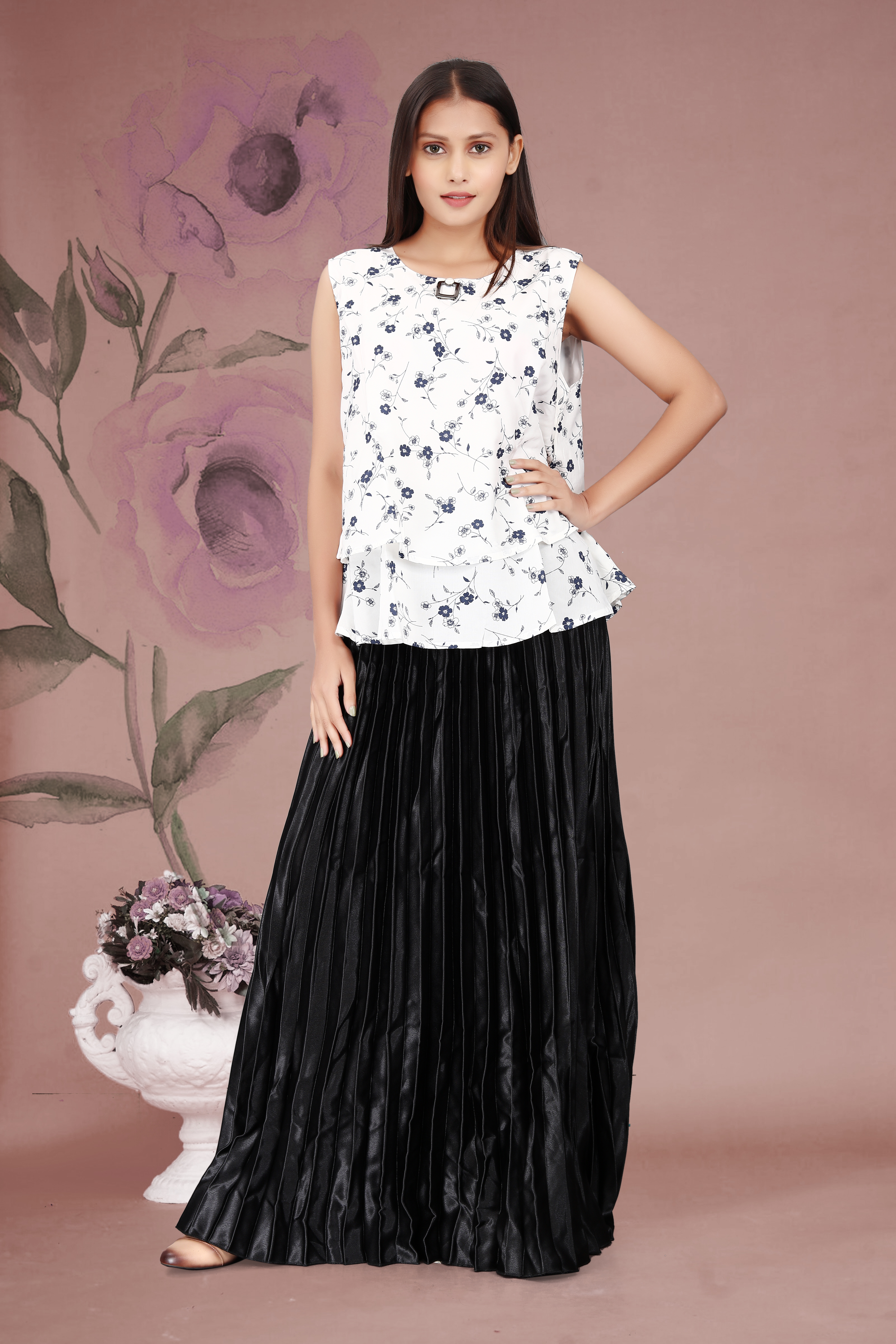 White Floral Sleeveless Top with Black Pleated Maxi Skirt | Casual & Semi-Formal Women’s Outfit