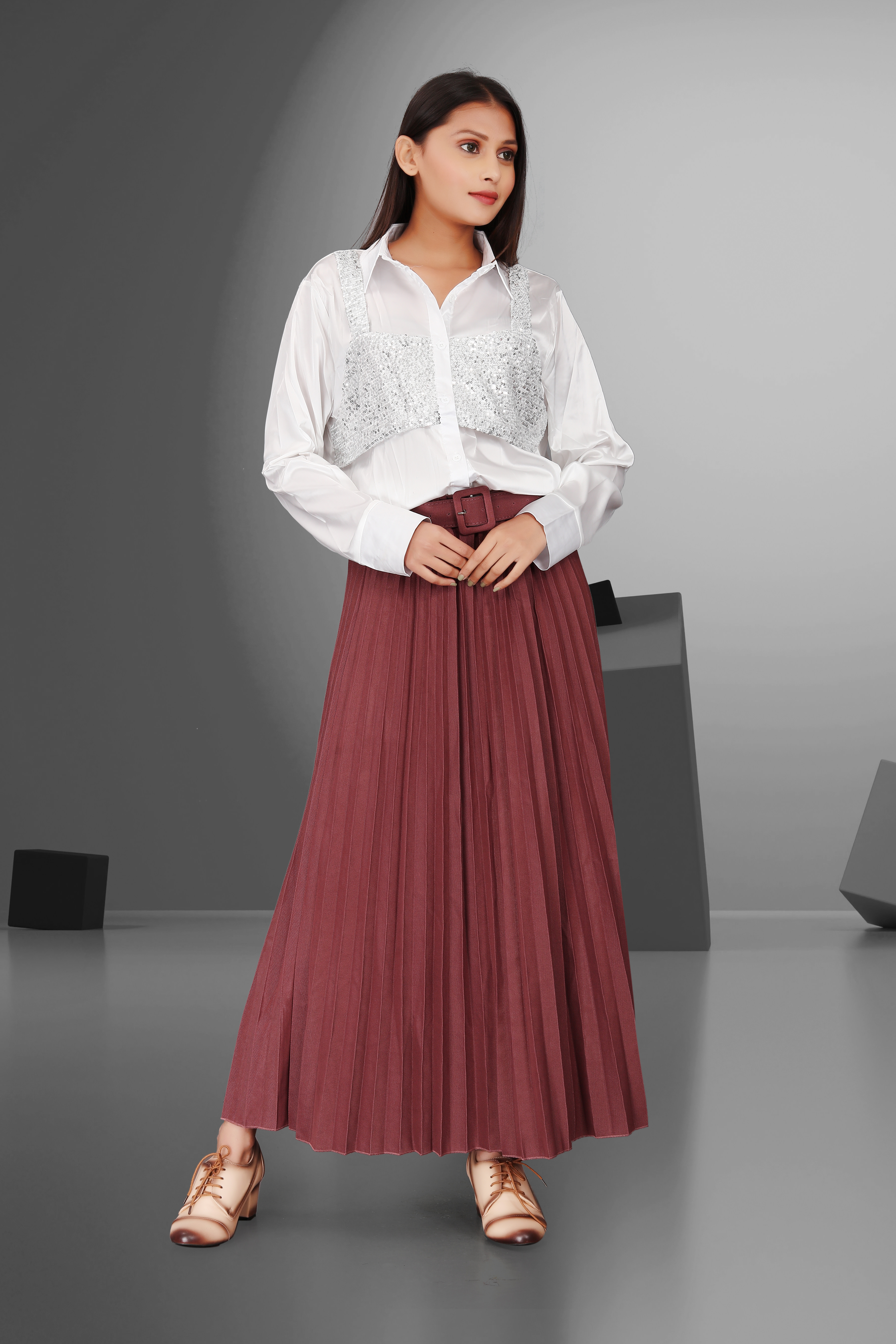 White Sequin Crop Overlay with Maroon Pleated Maxi Skirt | Stylish Party & Evening Wear Outfit