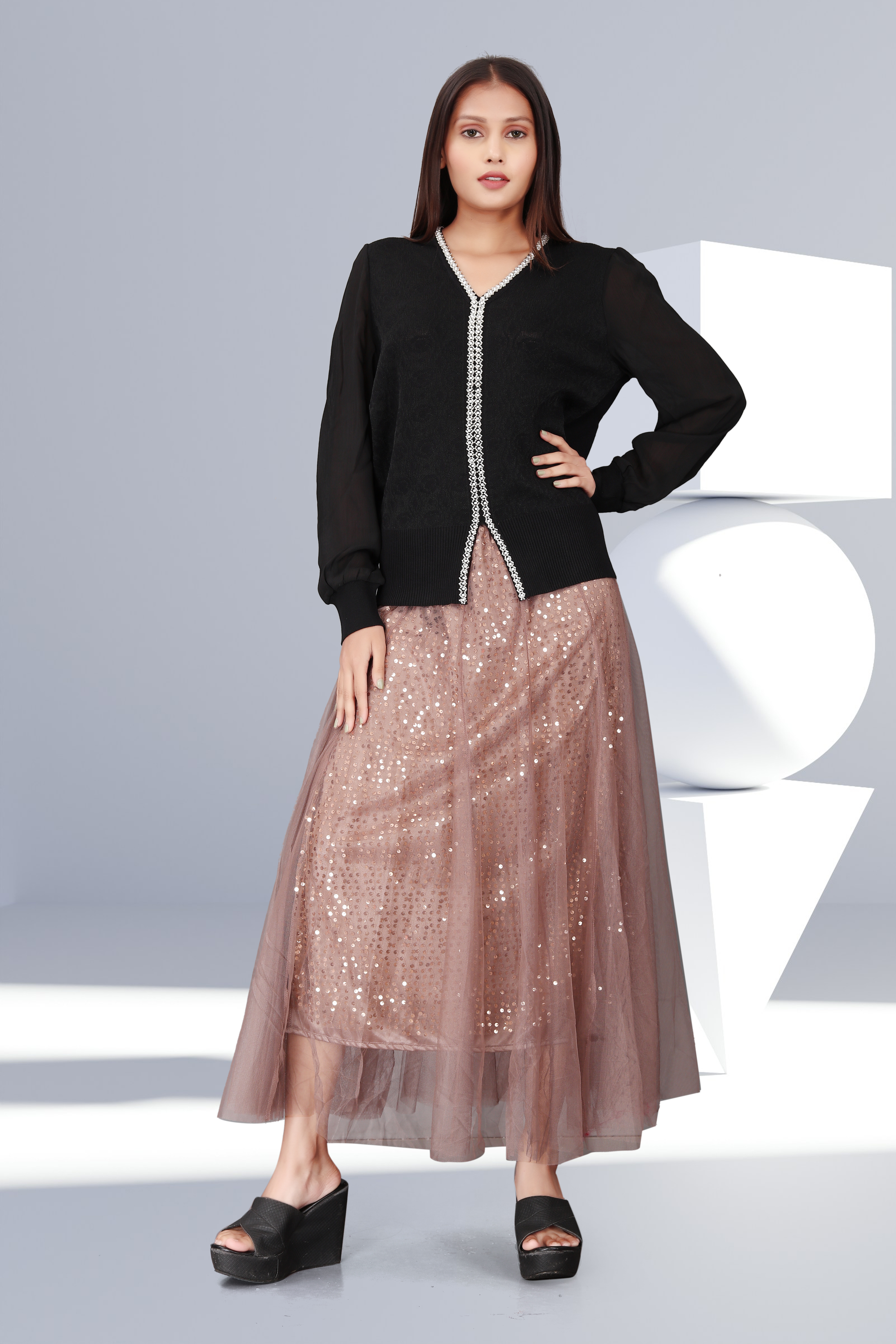 Black Sheer Sleeve Top with Embellished Border & Sequin Mesh Skirt | Party & Evening Wear Outfit